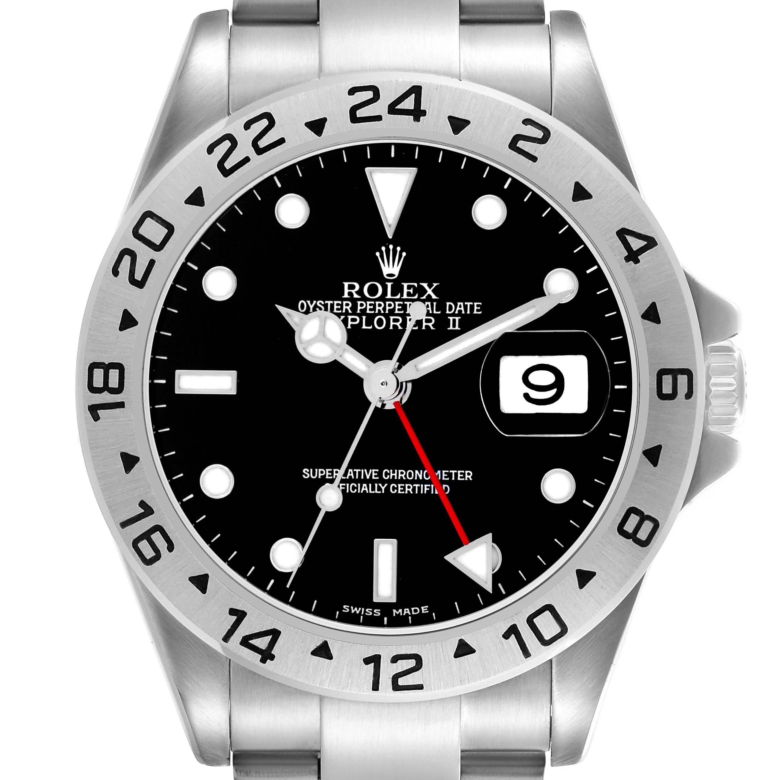 The Rolex Explorer model 16570 is shown from a front angle, displaying the dial, bezel with 24-hour markers, and partially the bracelet links.