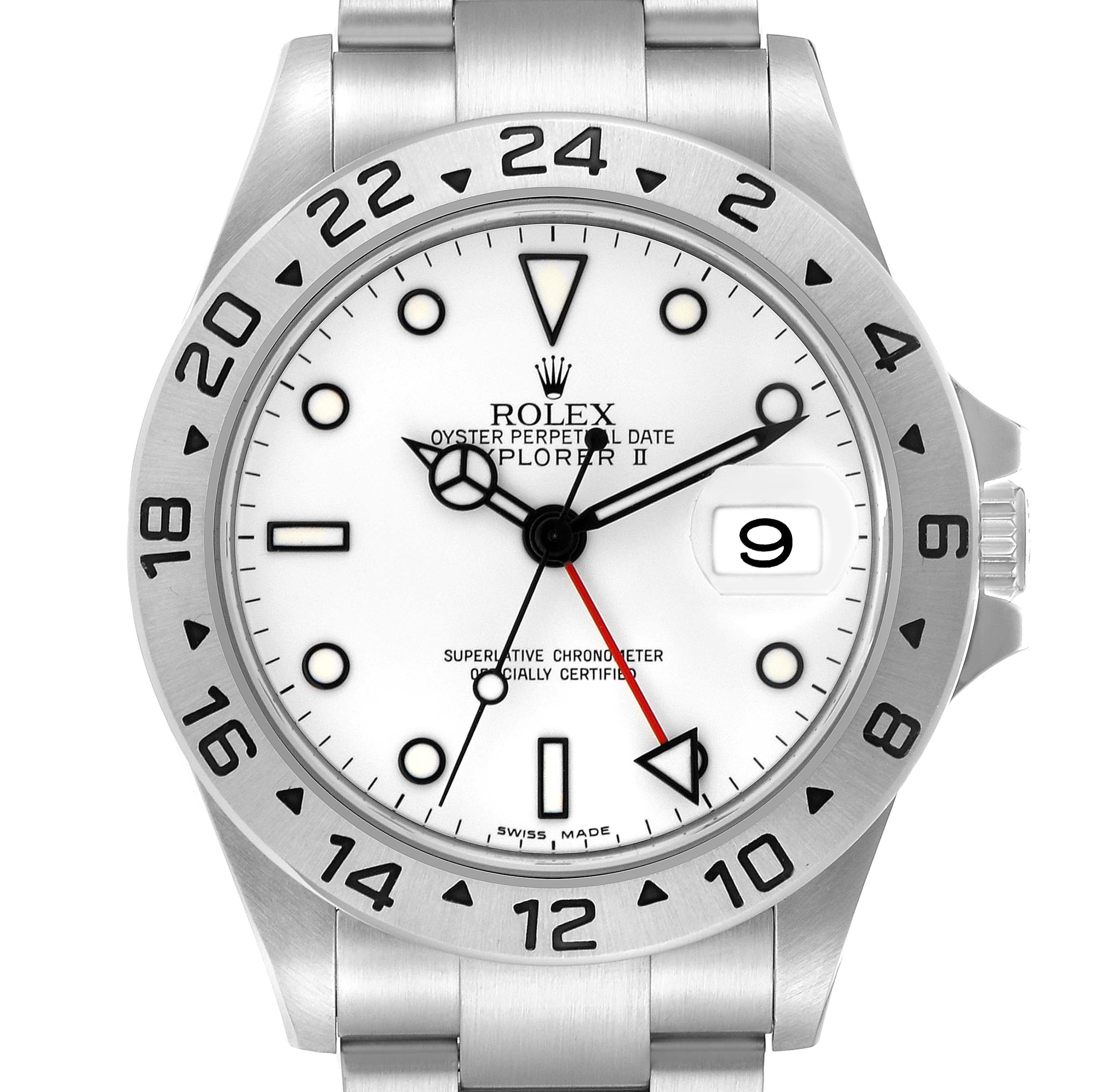 The Rolex Explorer model 16570 watch is shown from a front angle, highlighting its bezel, dial, hands, crown, and bracelet parts.