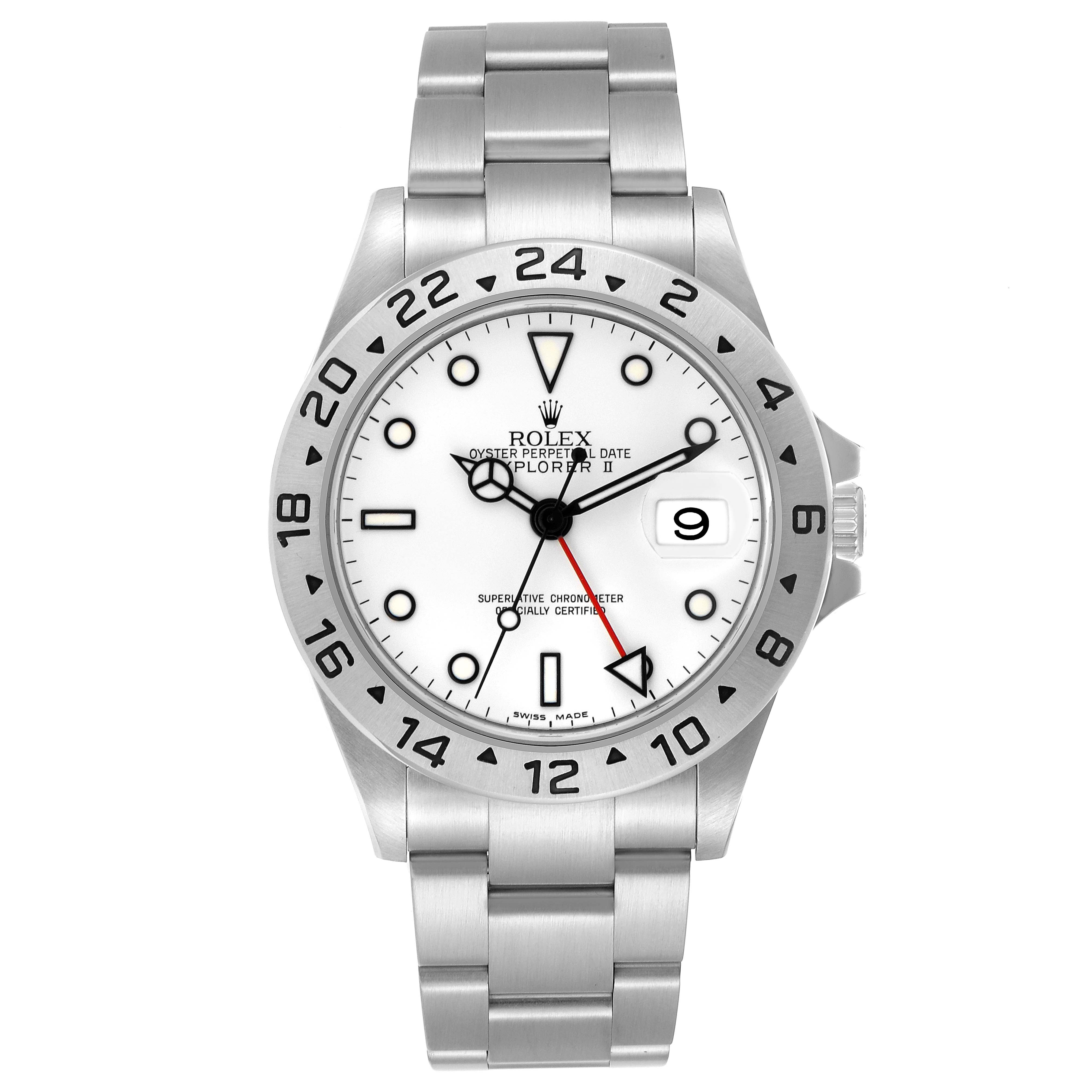 The image shows a front view of the Rolex Explorer model 16570 men's watch, highlighting the dial, bezel, bracelet, and crown.