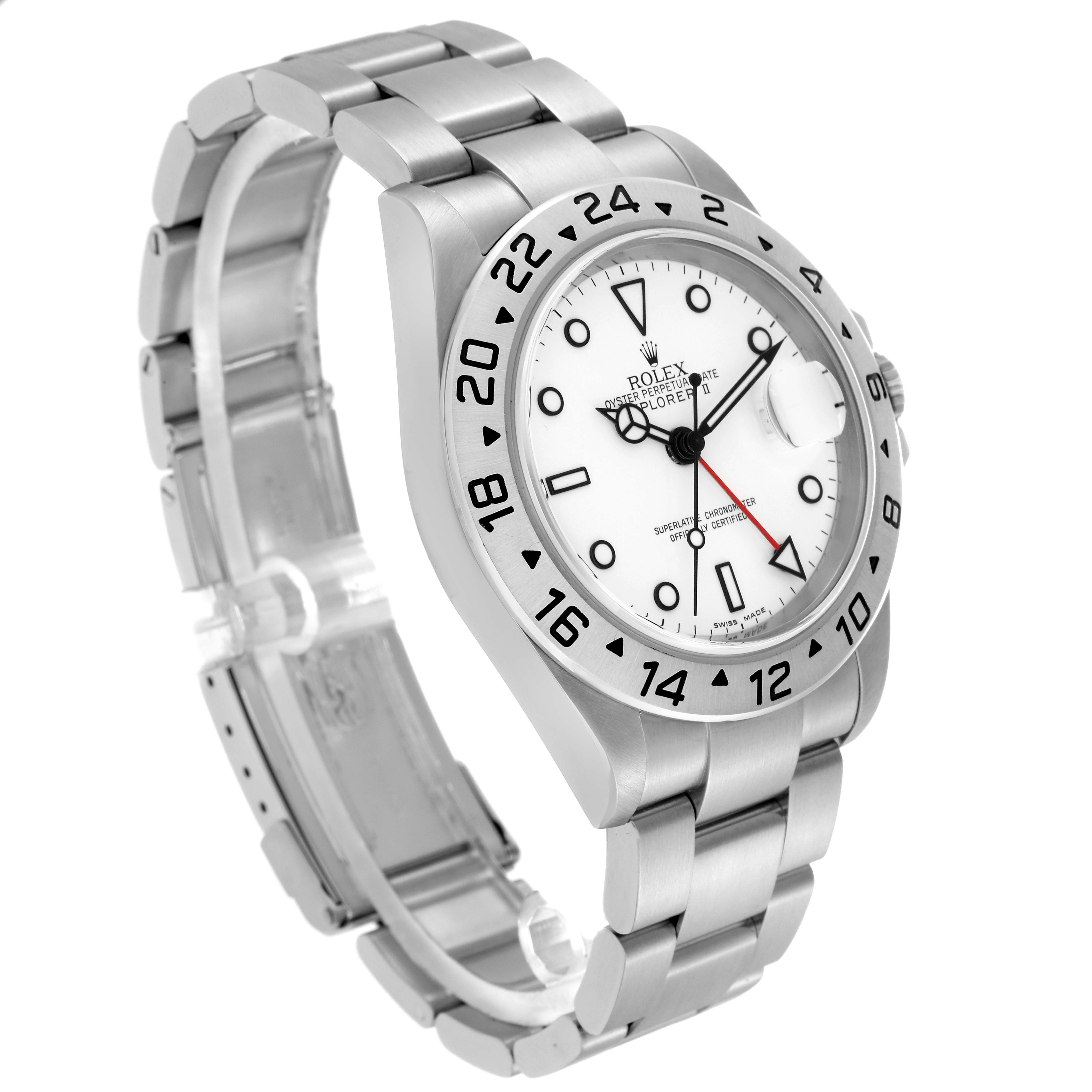 The Rolex Explorer model 16570 men's watch is shown at a three-quarter angle, displaying the face, bezel, and bracelet.