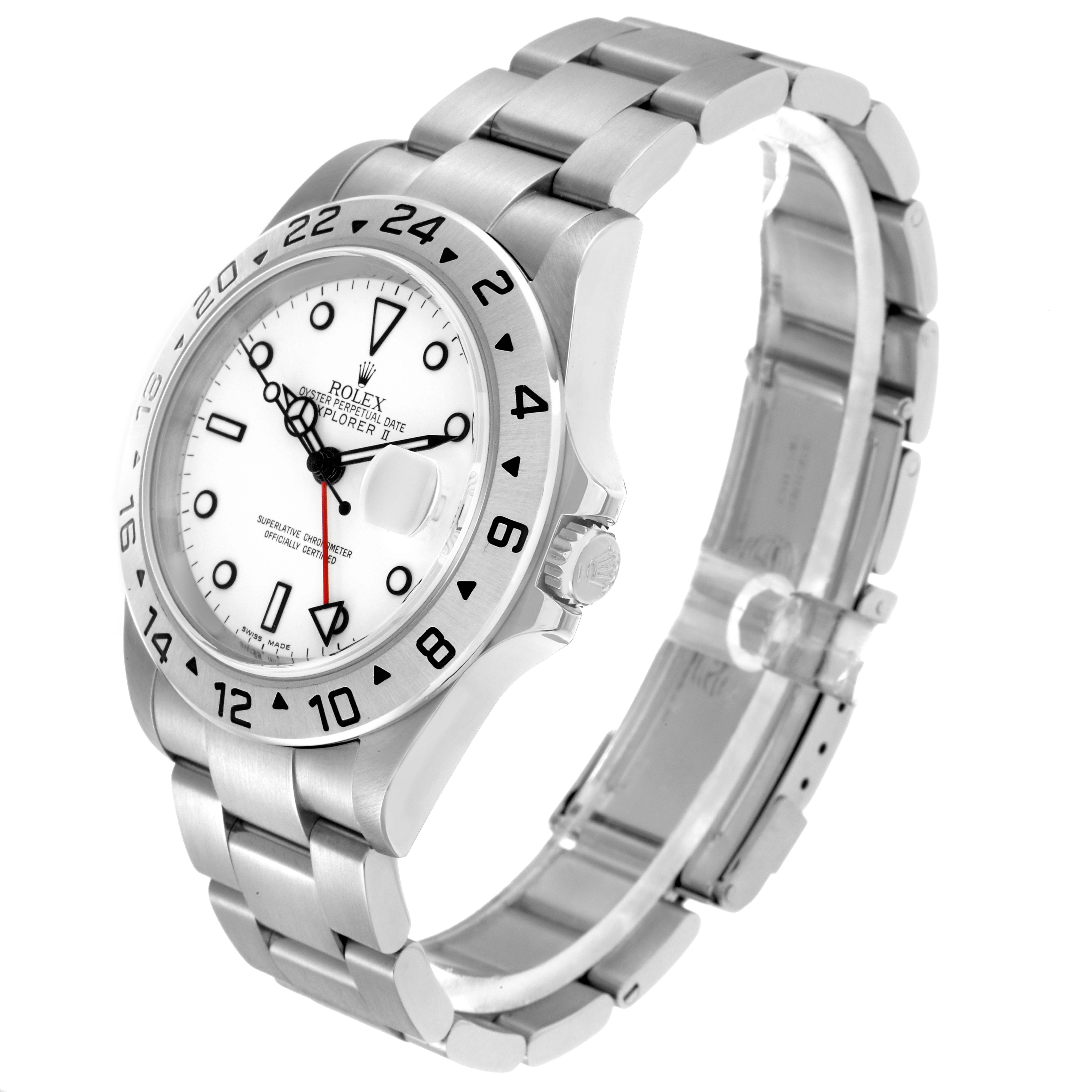 The Rolex Explorer model 16570 is shown at a three-quarter angle, displaying the face, bezel, crown, and partially extended bracelet.