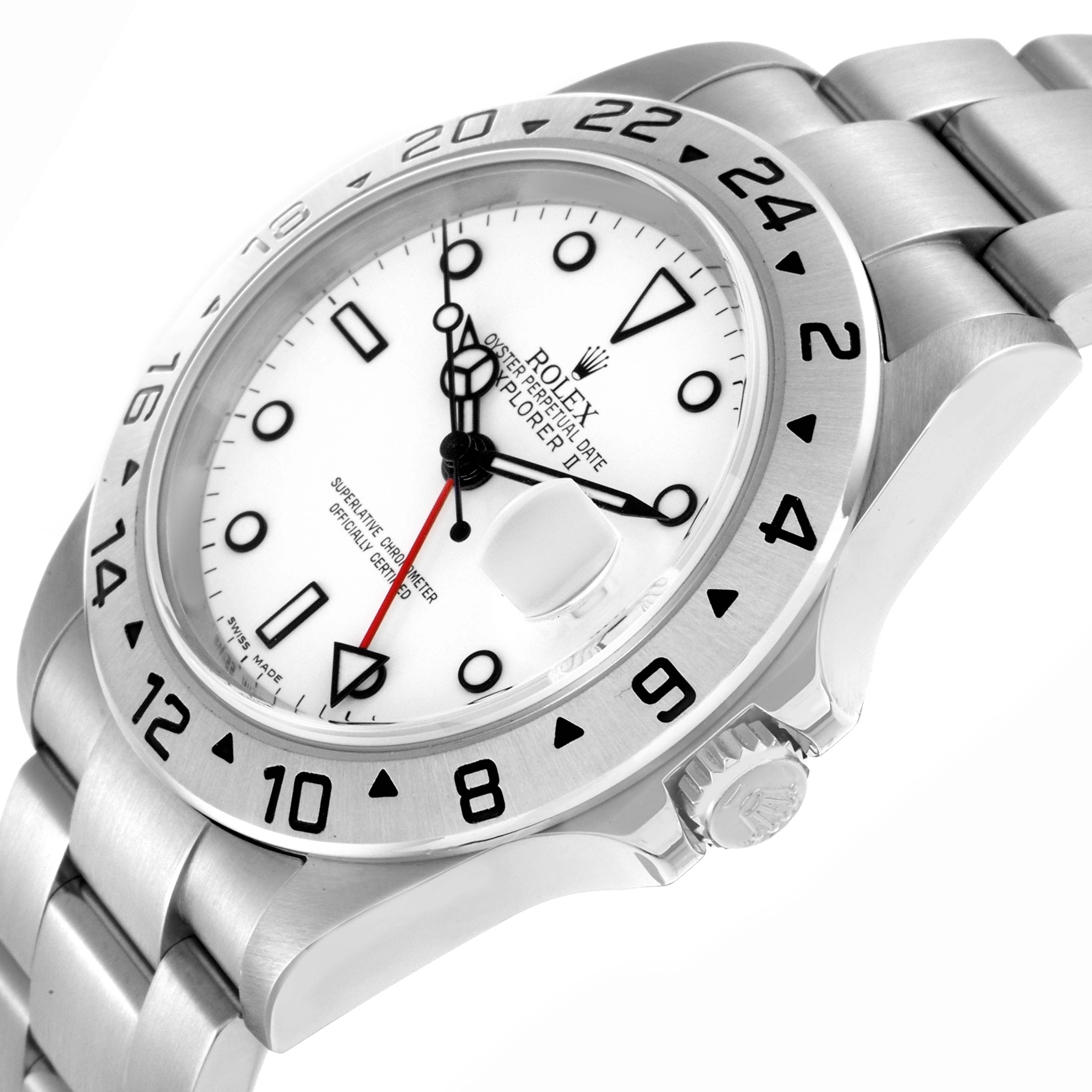 The Rolex Explorer model 16570 is shown at an angled view, highlighting the bezel, crown, and bracelet detail.