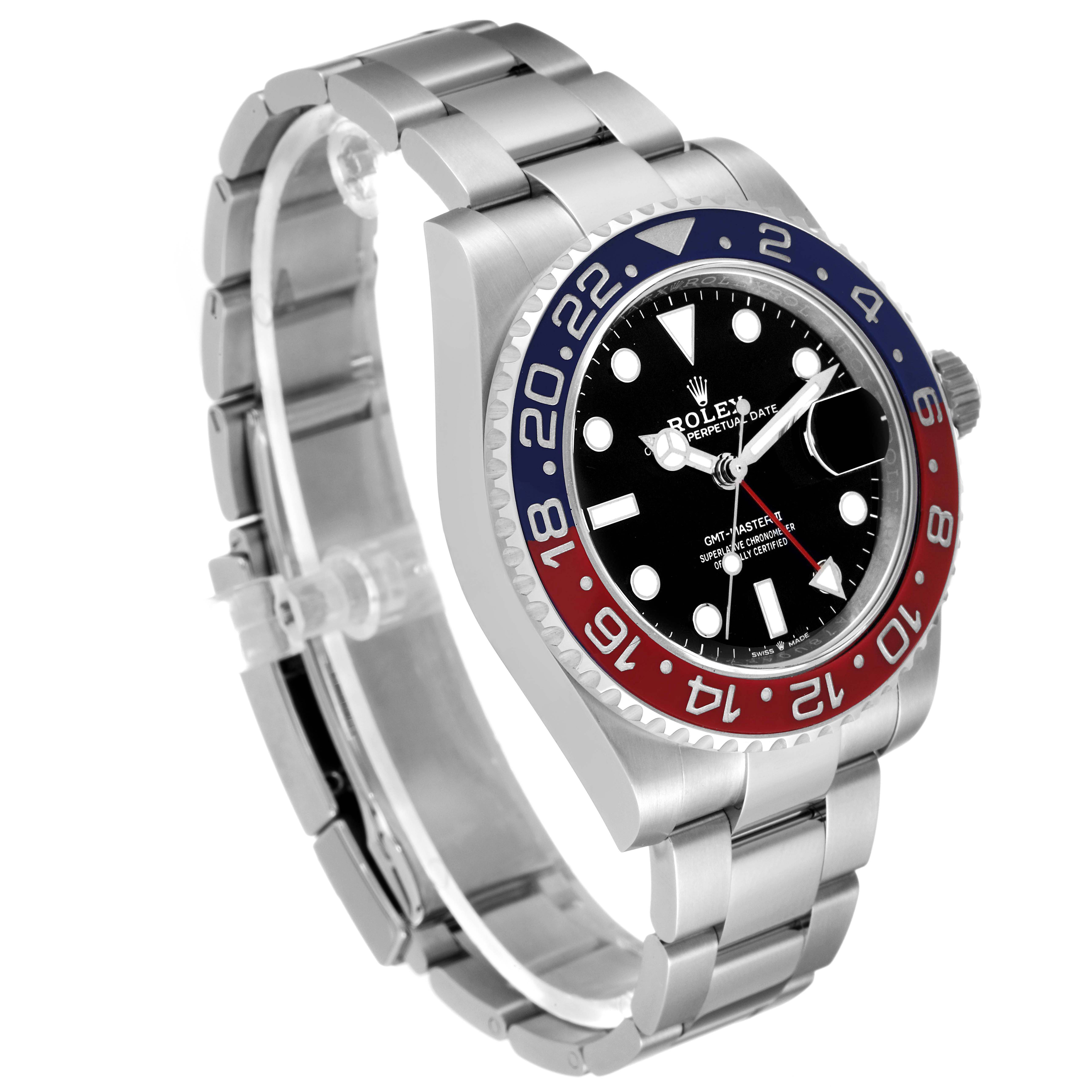 The image shows a Rolex GMT-Master 126710 Men's Stainless Steel Black Dial 126710 Men's Stainless Steel Black Dial watch from a three-quarter angle, highlighting the face, bezel, and bracelet.