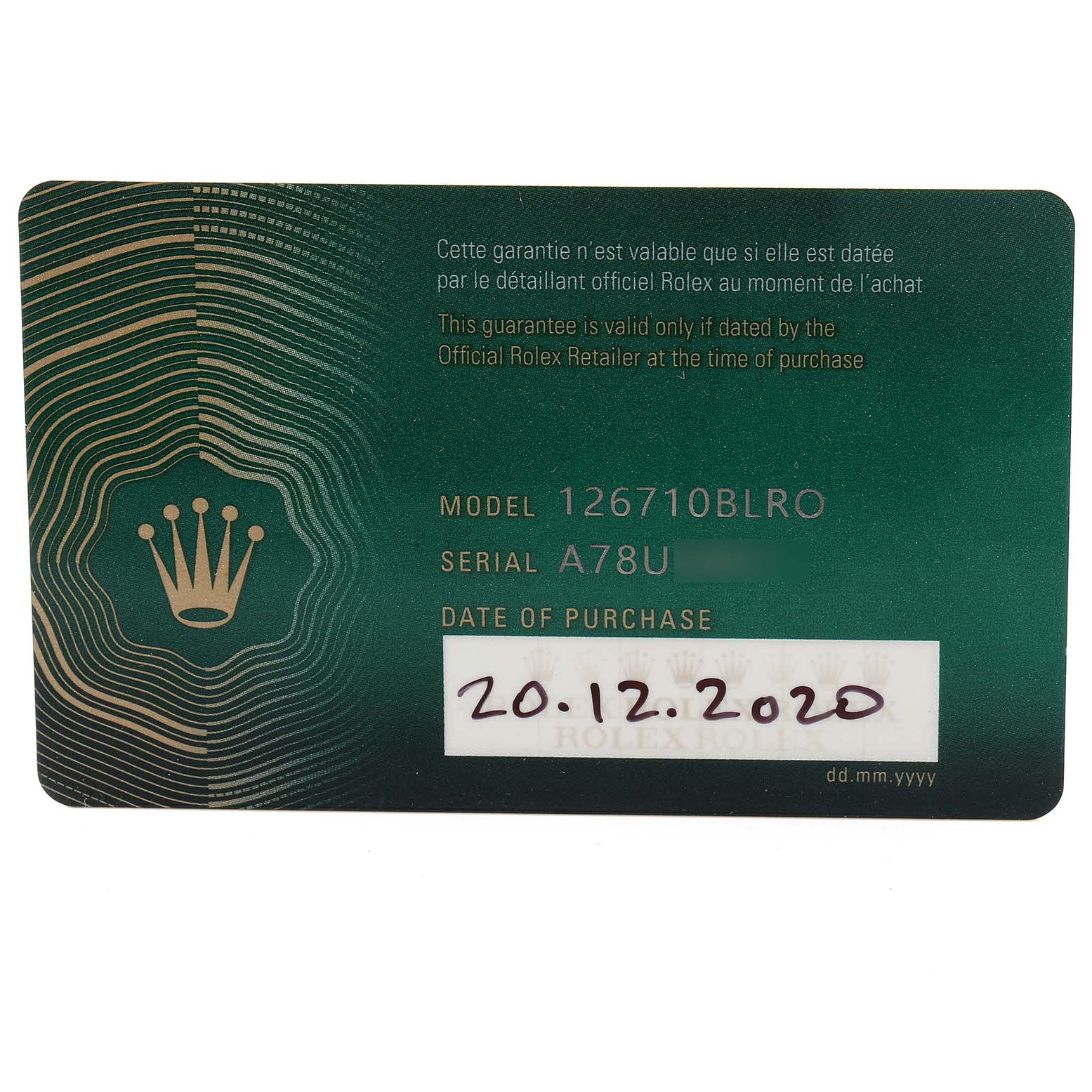 This image shows a warranty card for the Rolex GMT-Master 126710 Men's Stainless Steel Black Dial 126710 Men's Stainless Steel Black Dial model 126710BLRO, including the serial number and date of purchase.