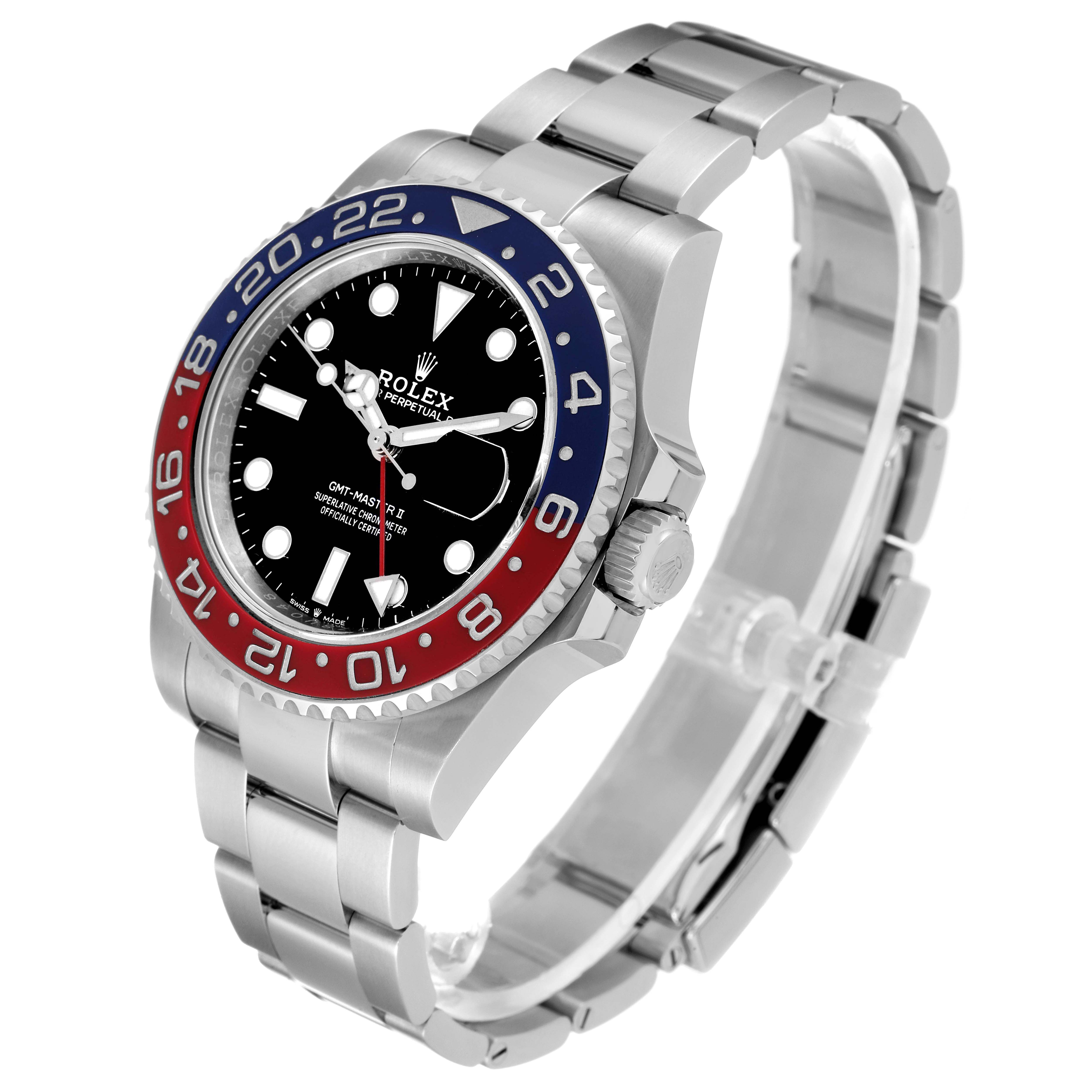 The image shows a Rolex GMT-Master 126710 Men's Stainless Steel Black Dial 126710 Men's Stainless Steel Black Dial with a "Pepsi" bezel, viewed from an angled side profile displaying the face, bezel, crown, and bracelet.