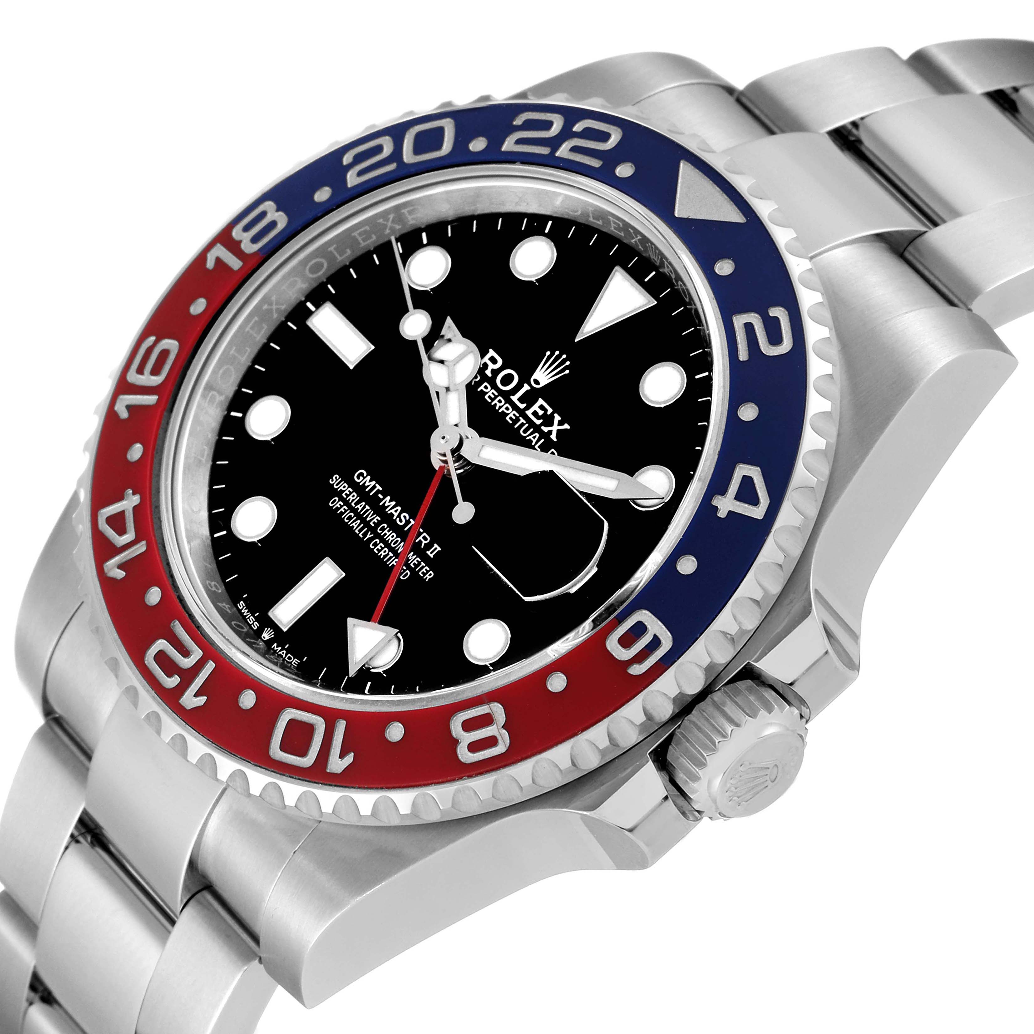 This image shows a close-up angle of the watch face, bezel, crown, and bracelet of a Rolex GMT-Master 126710 Men's Stainless Steel Black Dial 126710 Men's Stainless Steel Black Dial II.