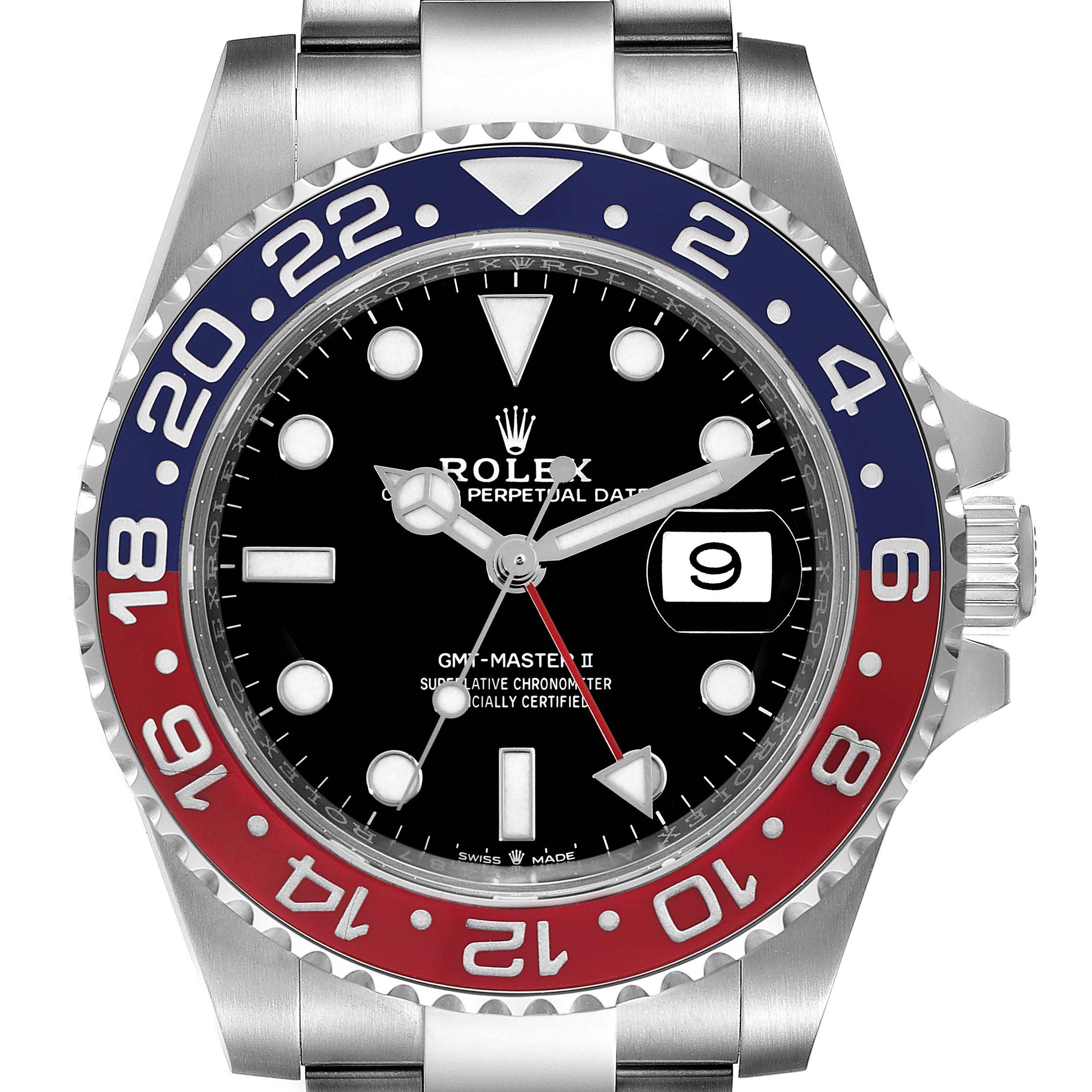 The image shows a front view of the Rolex GMT-Master 126710 Men's Stainless Steel Black Dial 126710 Men's Stainless Steel Black Dial II watch, displaying the bezel, dial, hands, and date window.