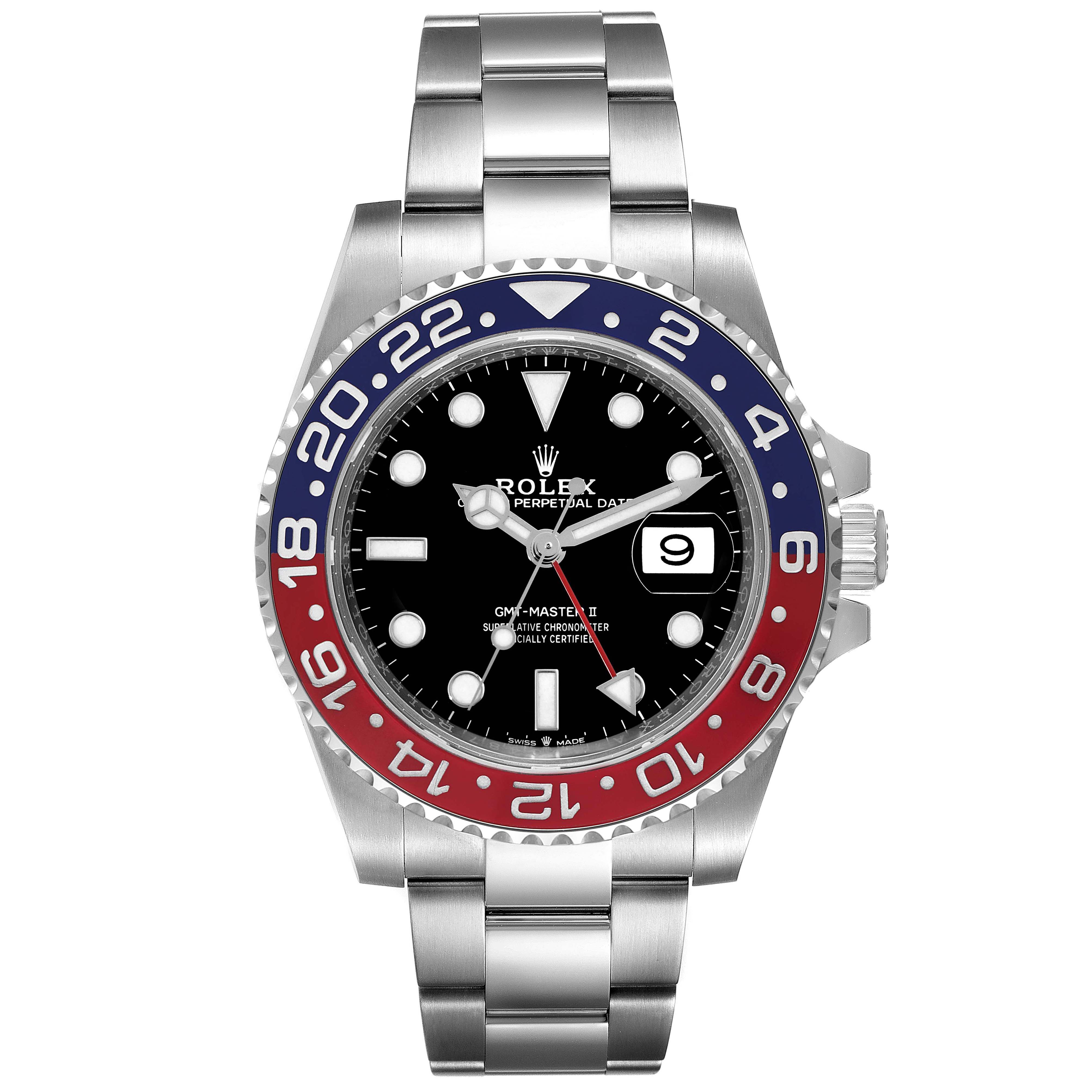 The image shows a front view of a Rolex GMT-Master 126710 Men's Stainless Steel Black Dial 126710 Men's Stainless Steel Black Dial II watch, displaying its face, bezel, crown, and bracelet.