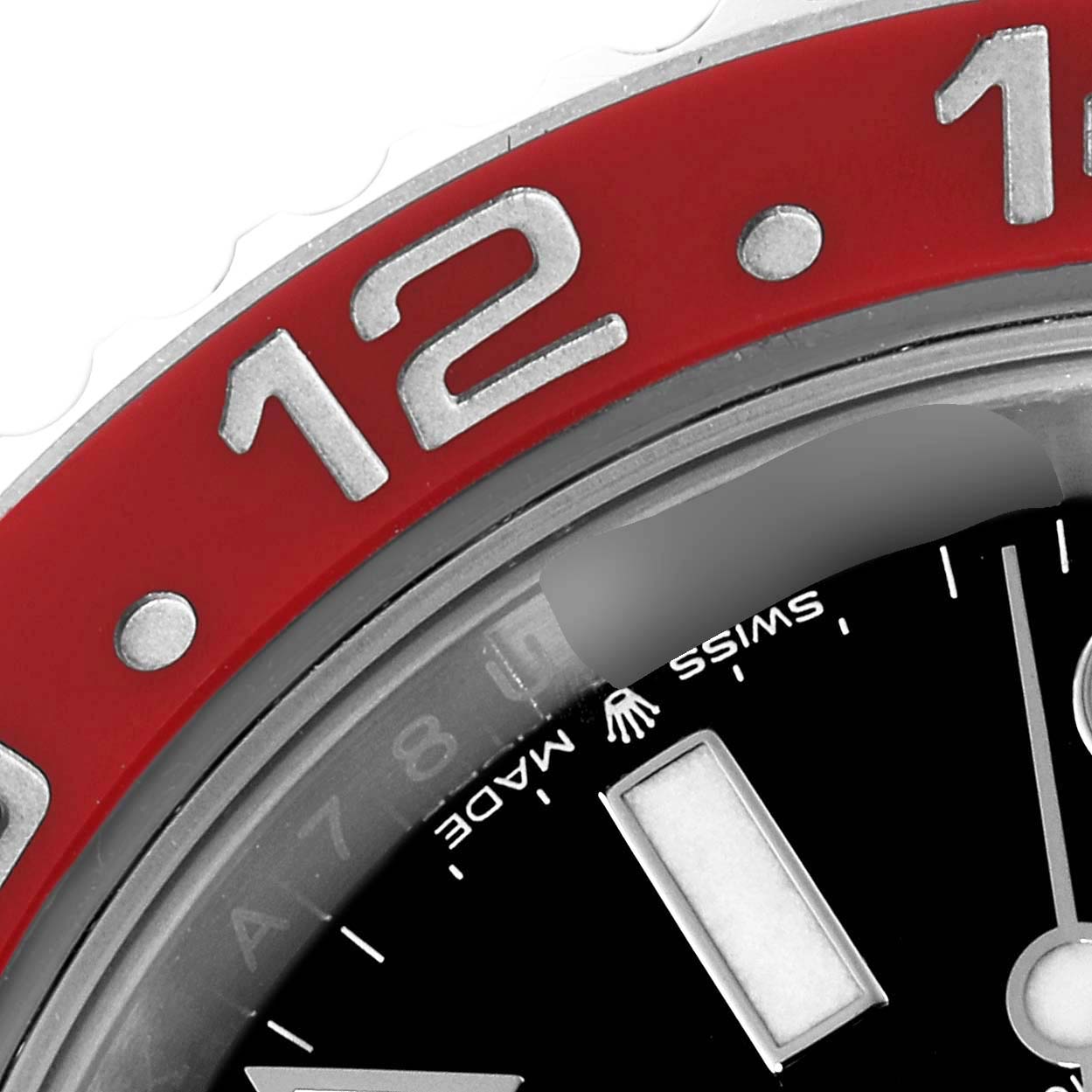 This close-up angle of a Rolex GMT-Master 126710 Men's Stainless Steel Black Dial 126710 Men's Stainless Steel Black Dial shows partial bezel, dial, and markers.