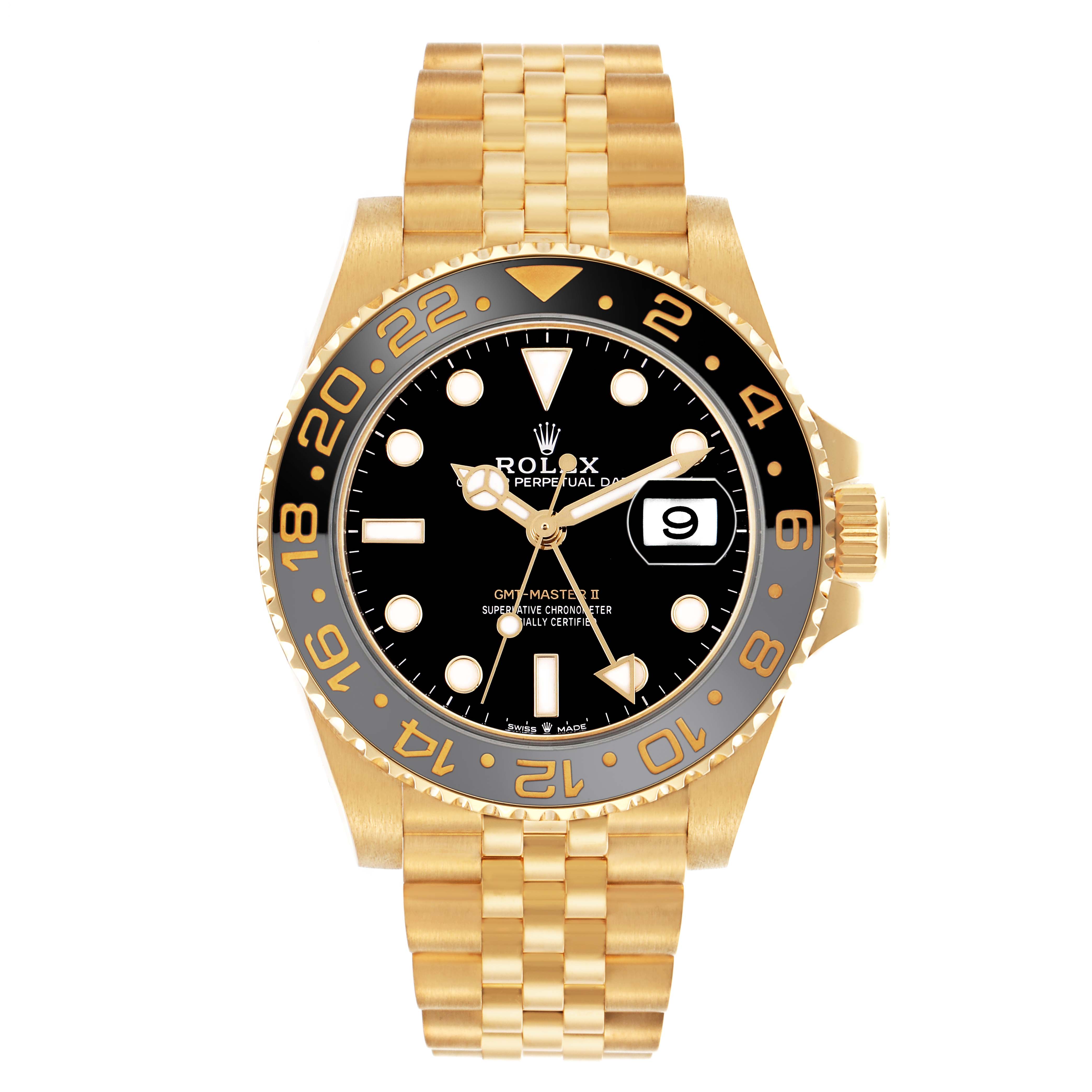 The Rolex GMT-Master 126718GRNR Men's Yellow Gold Black Dial watch is shown from the front, displaying the dial, bezel, and part of the bracelet.
