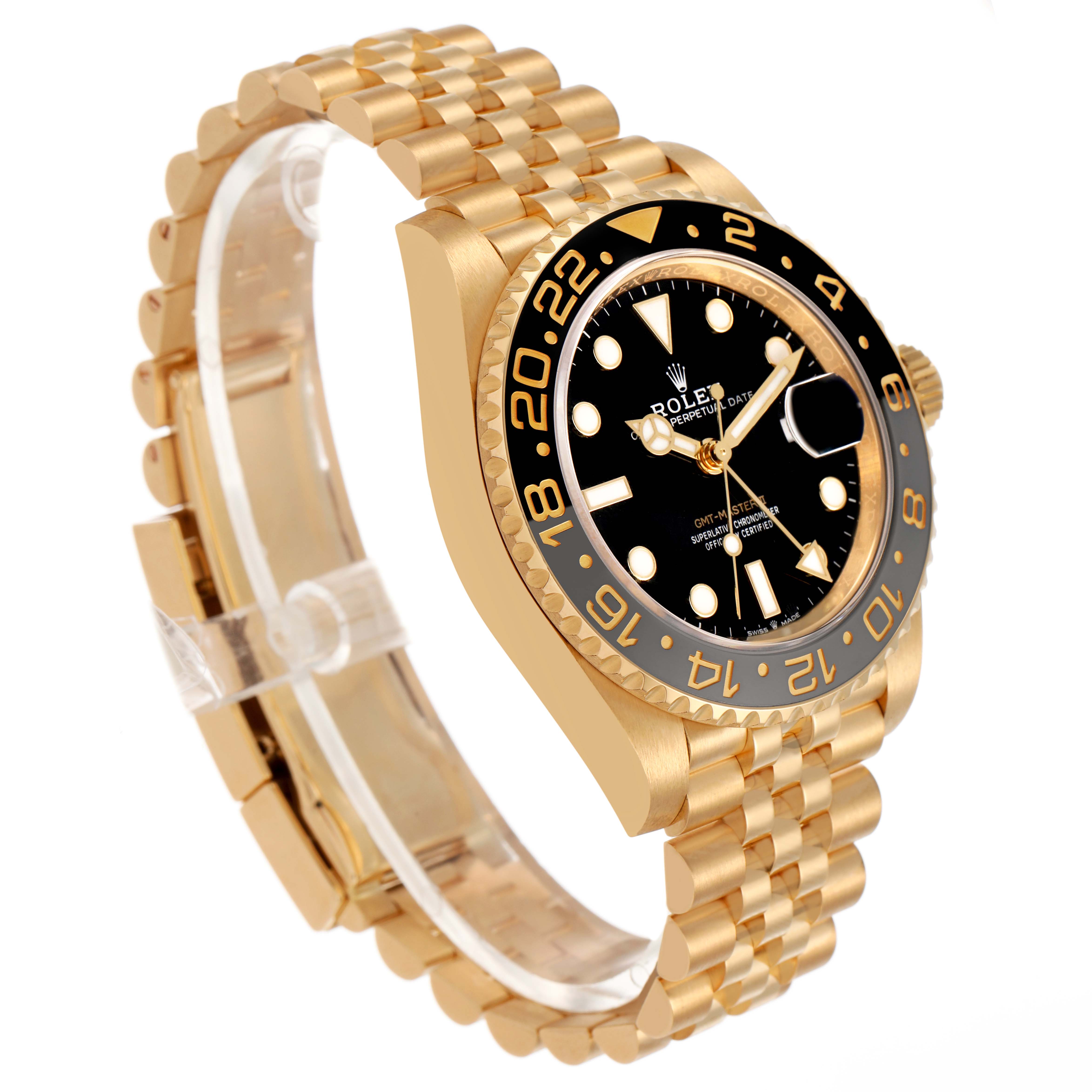 The Rolex GMT-Master 126718GRNR Men's Yellow Gold Black Dial watch is shown at a three-quarter angle, highlighting its gold case, black bezel, and jubilee bracelet.