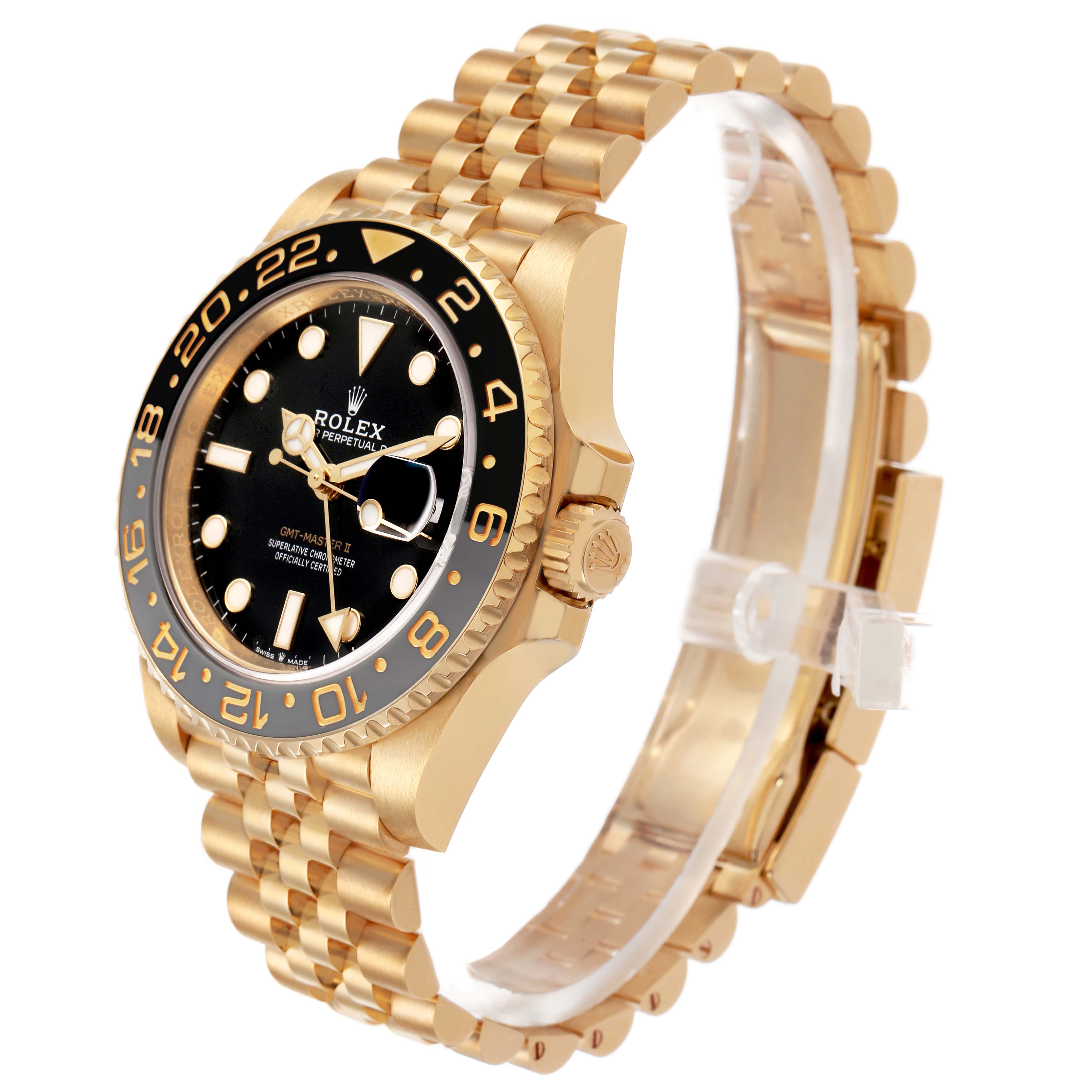 The Rolex GMT-Master 126718GRNR Men's Yellow Gold Black Dial watch is shown at an angled side view, highlighting the bezel, crown, and bracelet.
