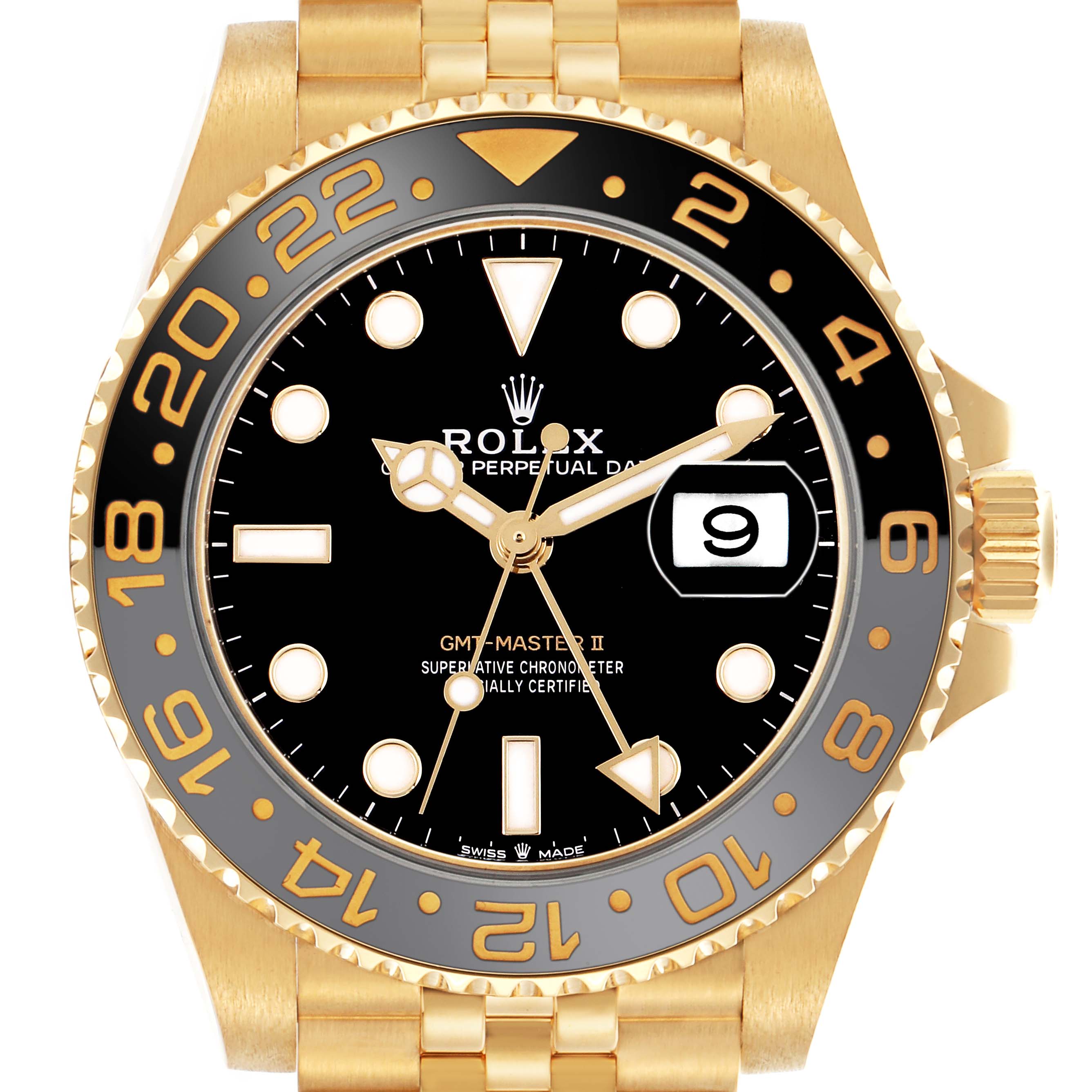 The Rolex GMT-Master 126718GRNR Men's Yellow Gold Black Dial model is shown from a front angle, highlighting the bezel, dial, hands, and date window.