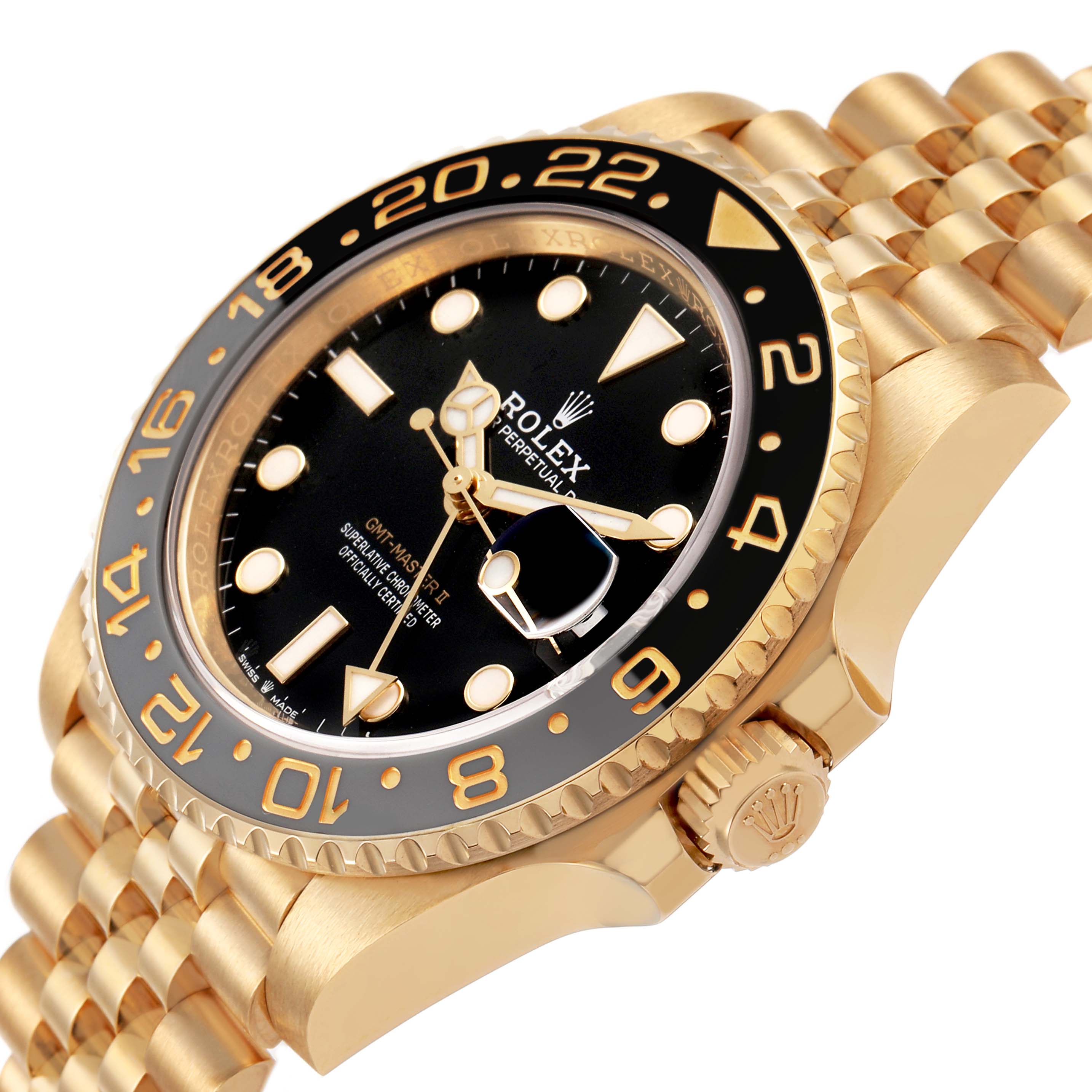 The image shows a Rolex GMT-Master 126718GRNR Men's Yellow Gold Black Dial watch from an angled side view, highlighting the bezel, crown, and bracelet.