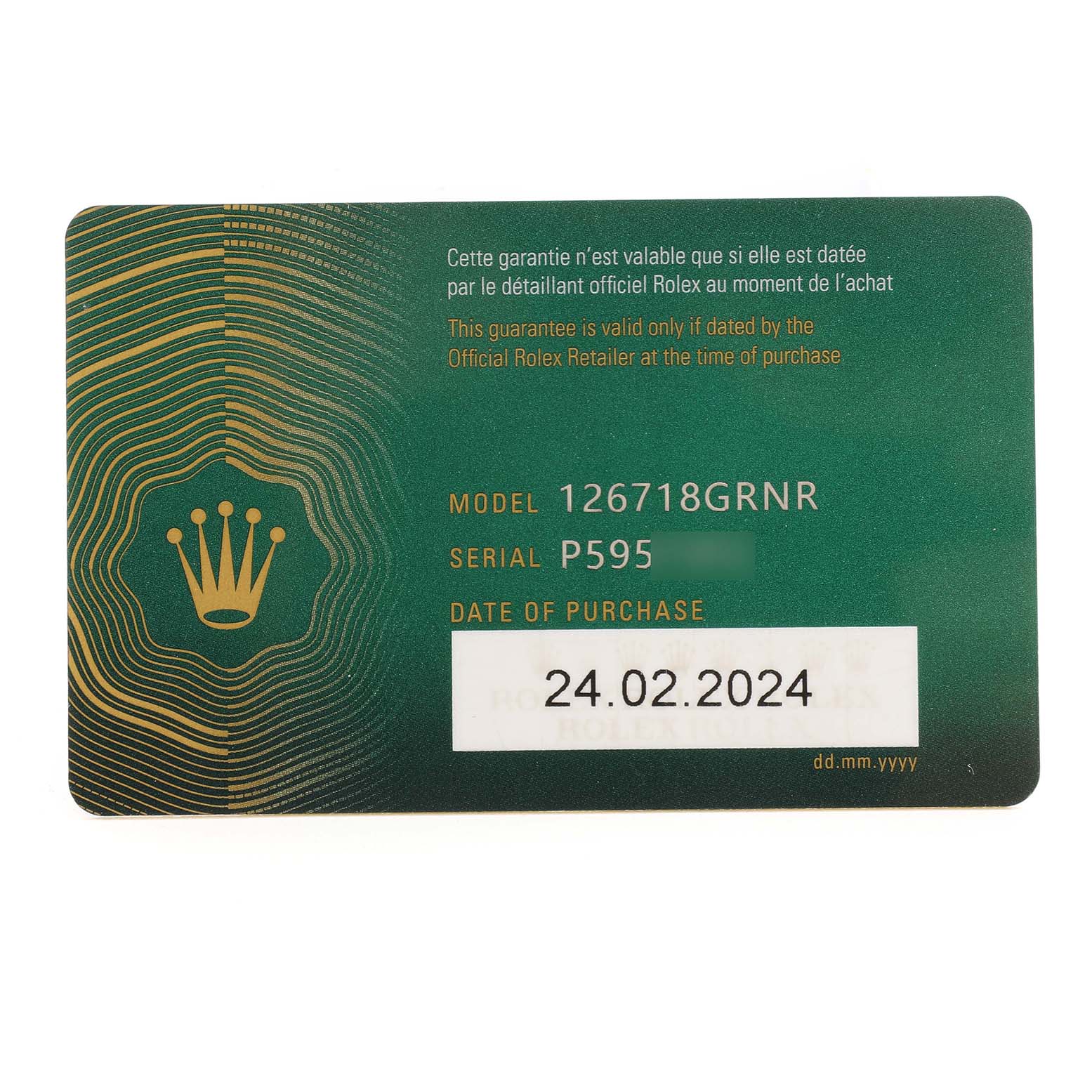 The image shows a warranty card for a Rolex GMT-Master 126718GRNR Men's Yellow Gold Black Dial, model 126718GRNR, with purchase details.