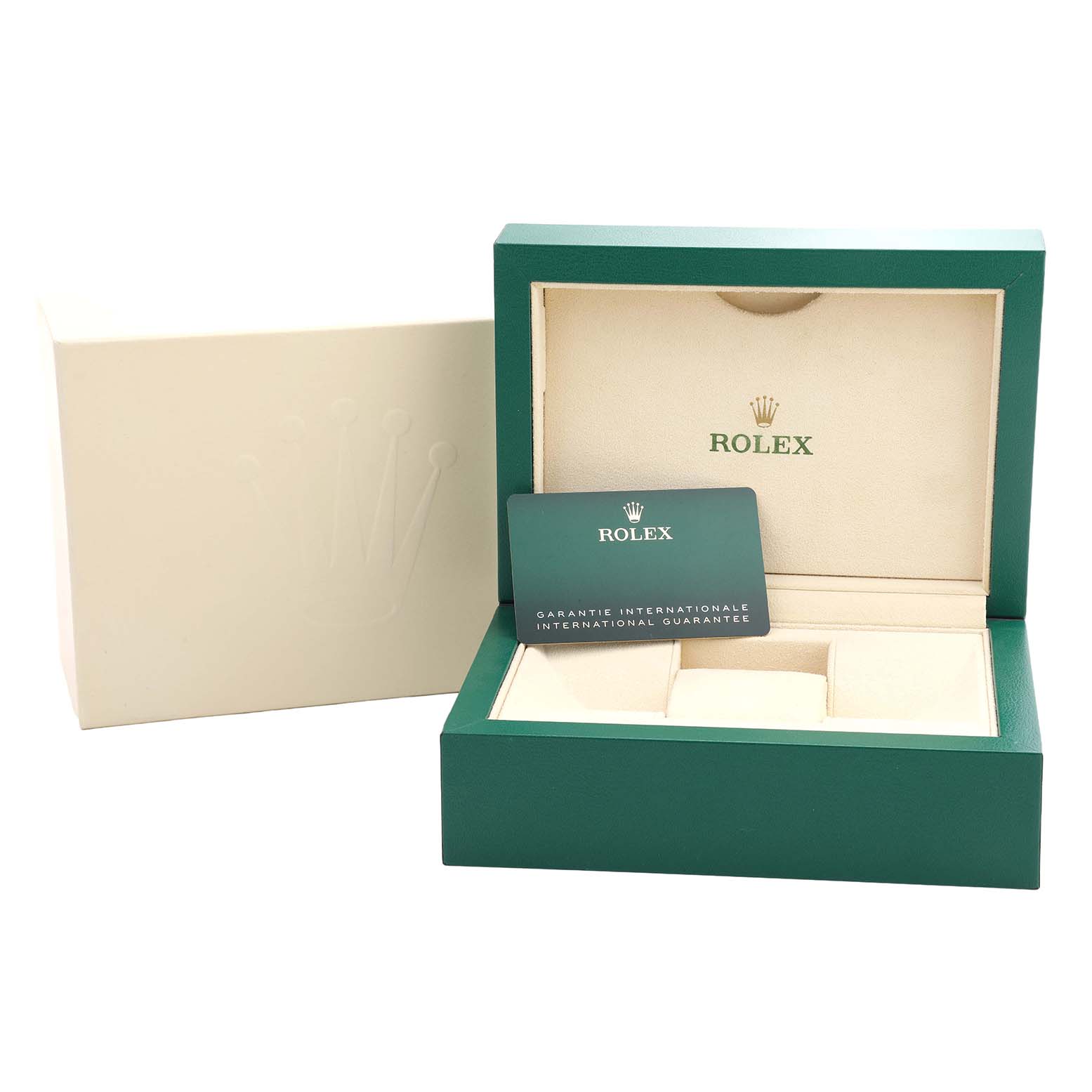 The image shows a Rolex GMT-Master 126718GRNR Men's Yellow Gold Black Dial watch box and warranty card from a frontal angle.
