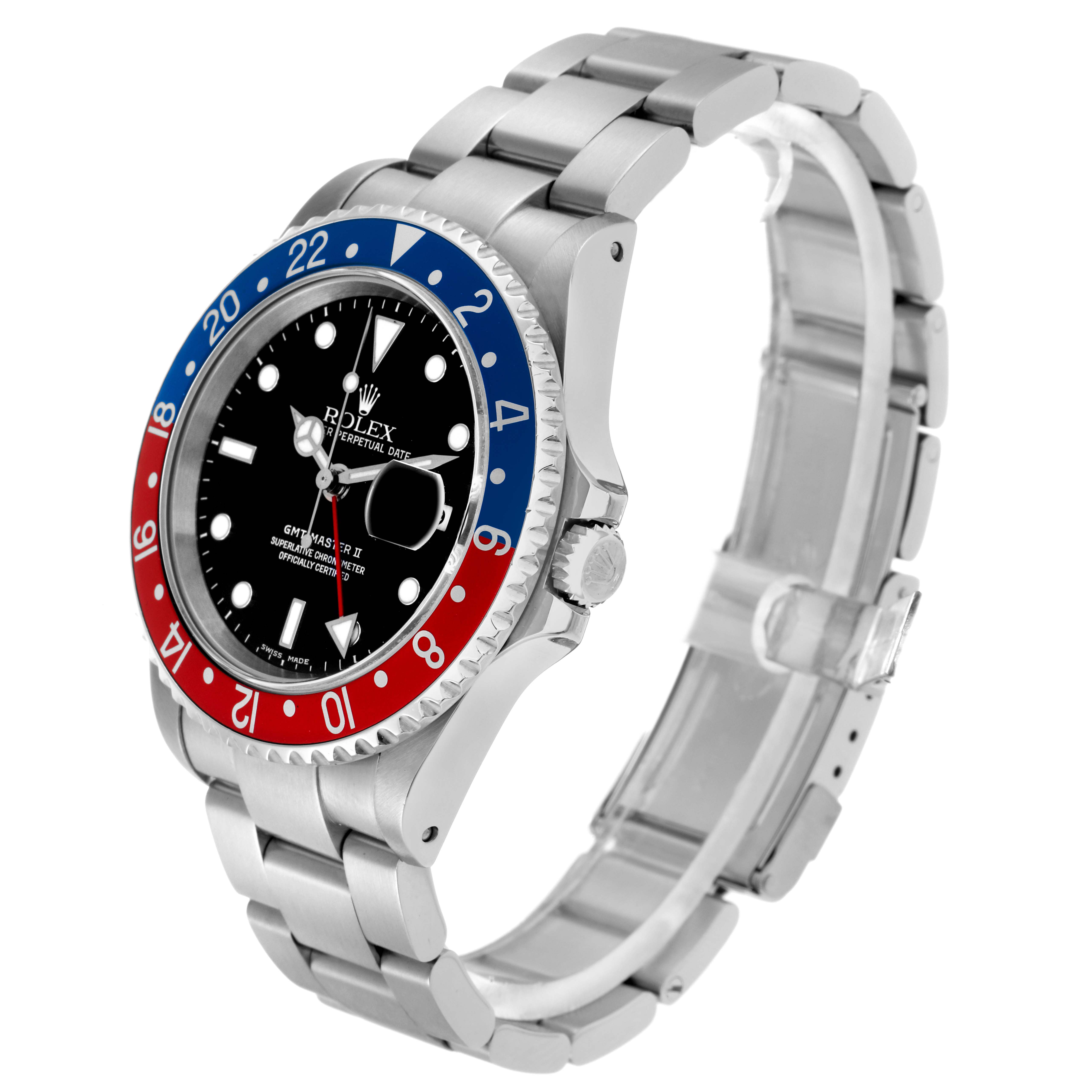 The Rolex GMT-Master model 16710 is shown at a three-quarter angle, highlighting the case, bezel, crown, and oyster bracelet.