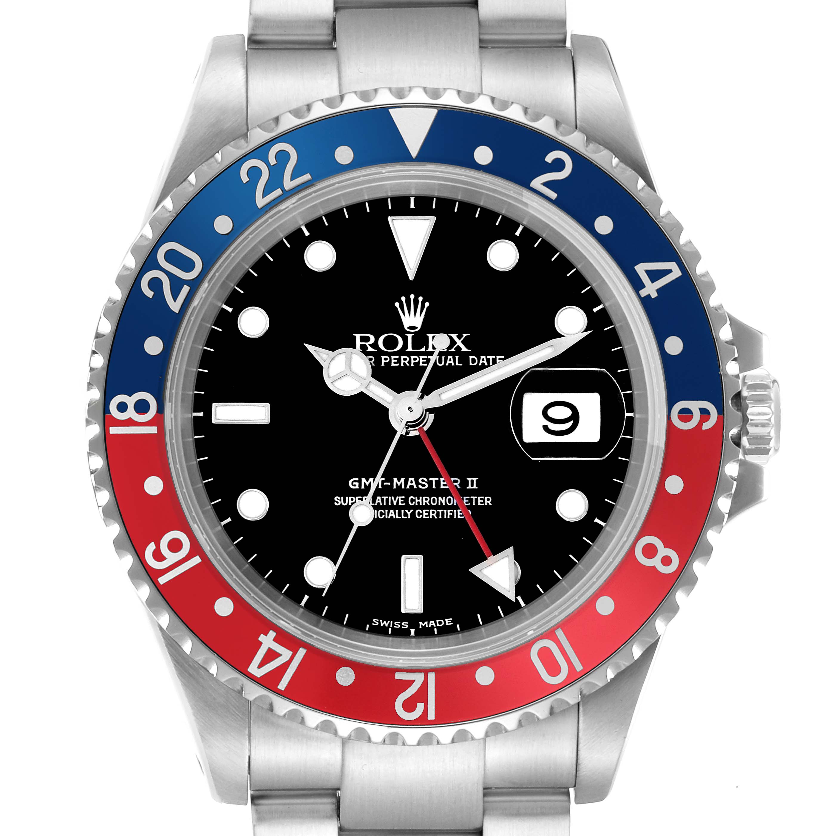 The Rolex GMT-Master II model 16710 is shown from a front angle, highlighting the black dial, red and blue bezel, and date window.