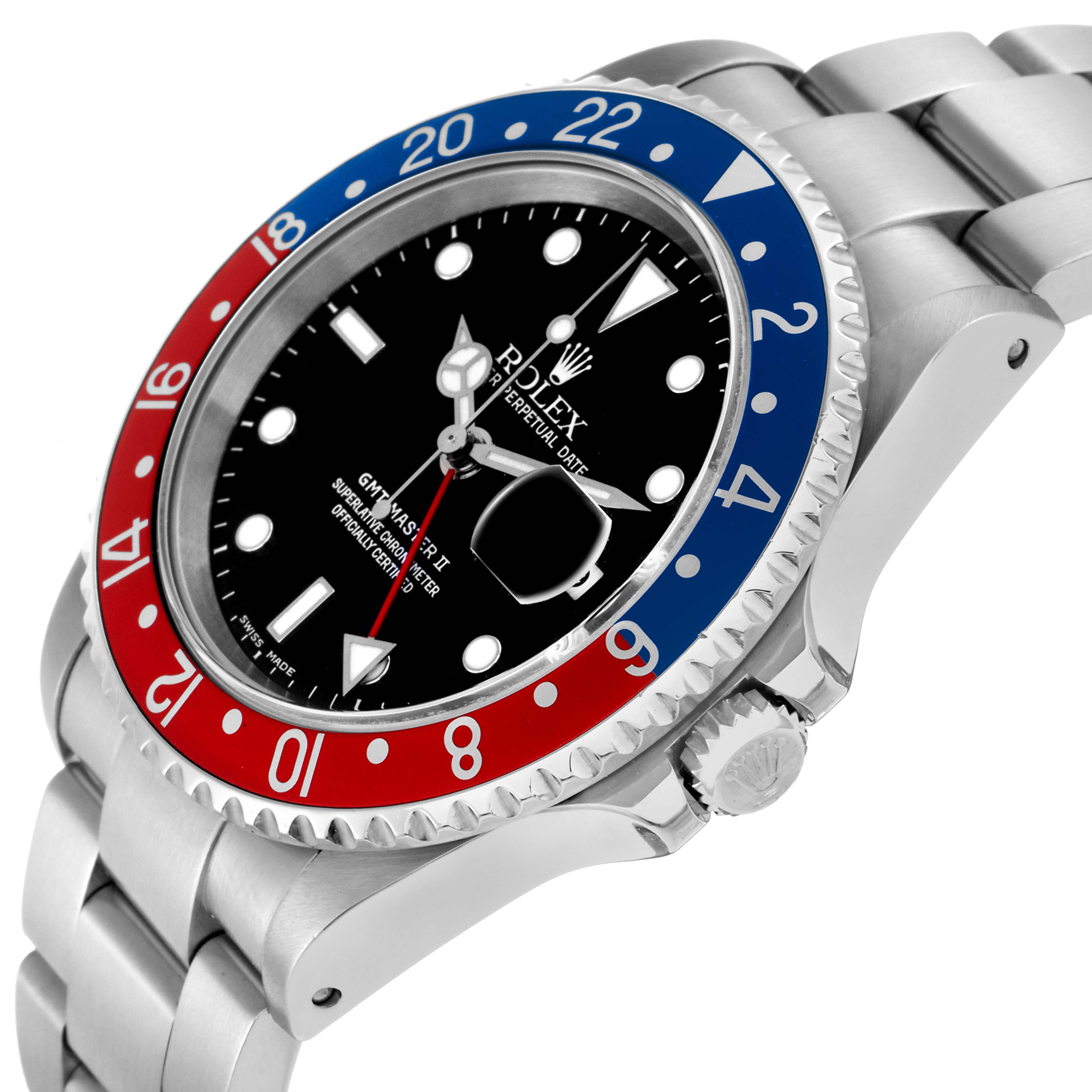 The image shows a Rolex GMT-Master model 16710 from a slight side angle, highlighting the bezel, dial, case, and part of the bracelet.