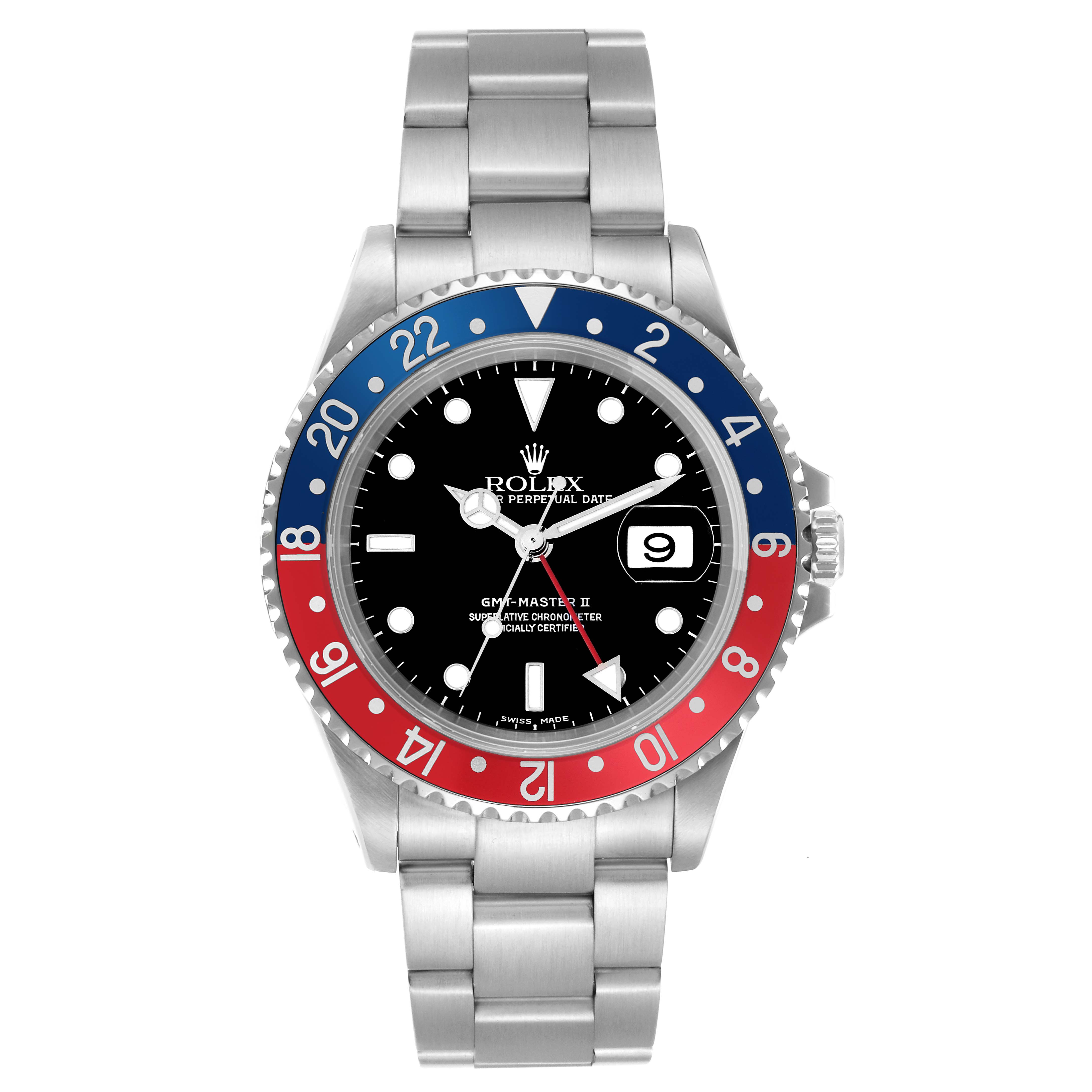 The Rolex GMT-Master model 16710 is shown from a front angle, displaying its bezel, dial, bracelet, and crown clearly.