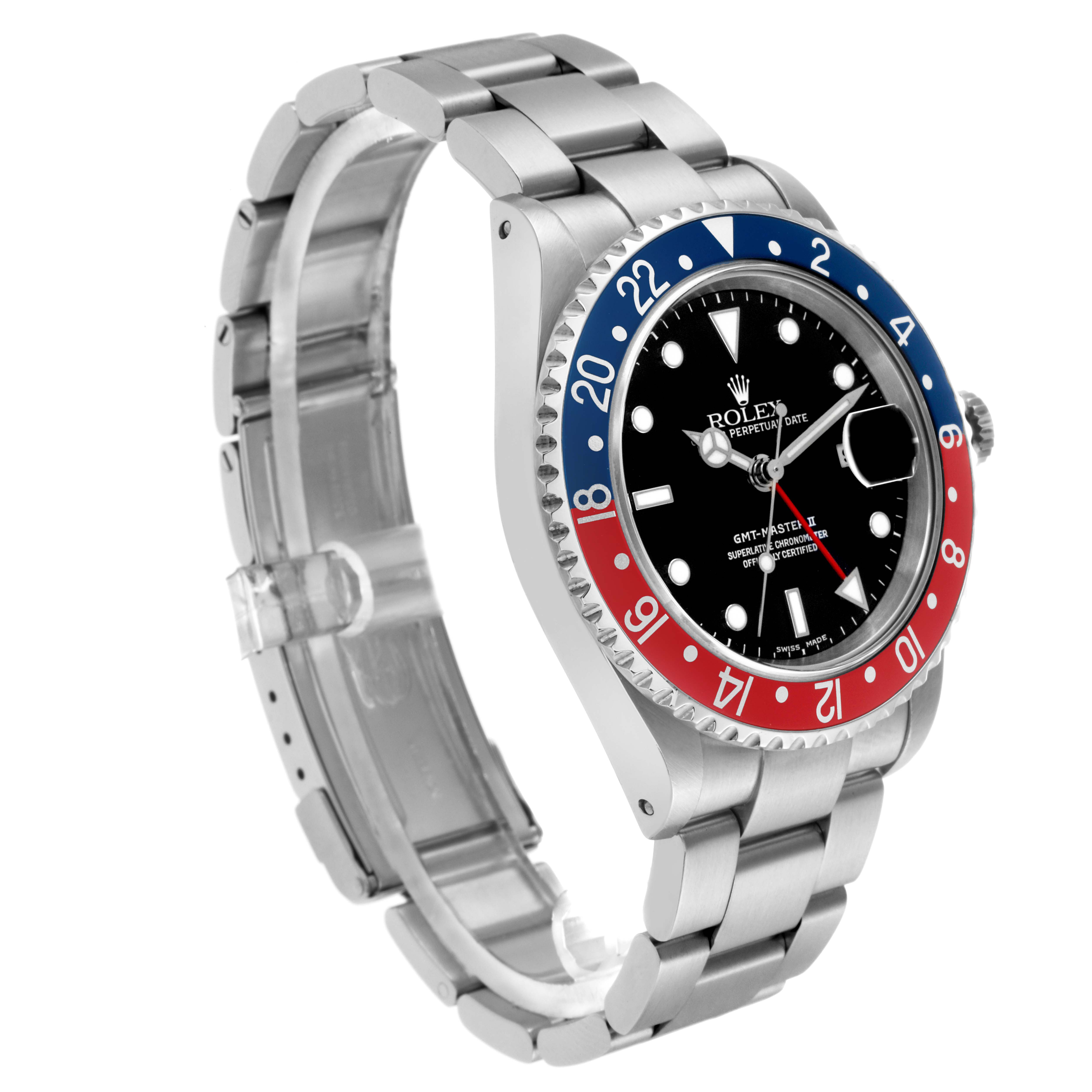 The Rolex GMT-Master model 16710 is shown at a three-quarter angle, displaying the bezel, dial, bracelet, and crown.