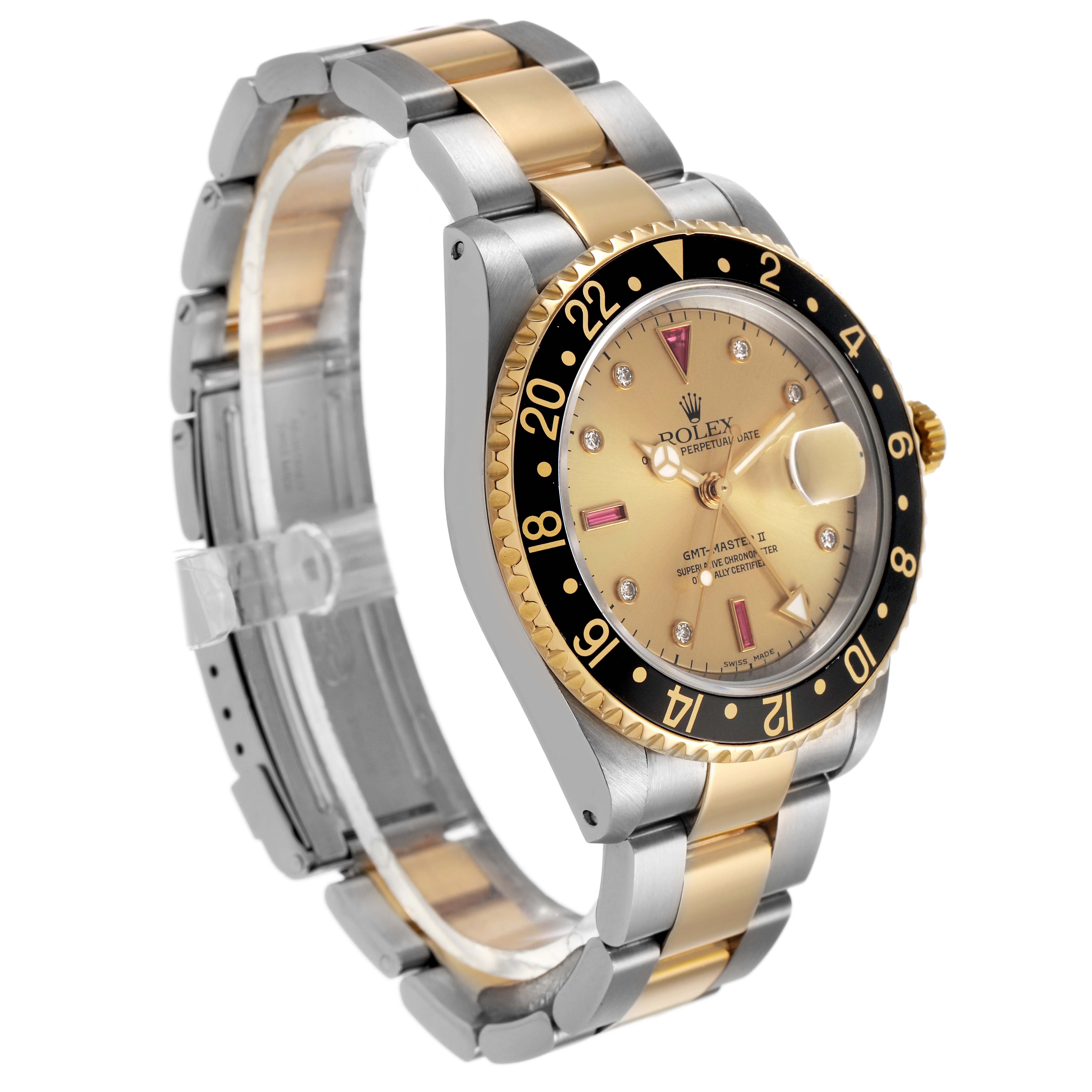 The Rolex GMT-Master 16713 Men's Stainless Steel Champagne Dial watch is shown at a three-quarter angle, displaying the face, bezel, crown, and part of the bracelet.