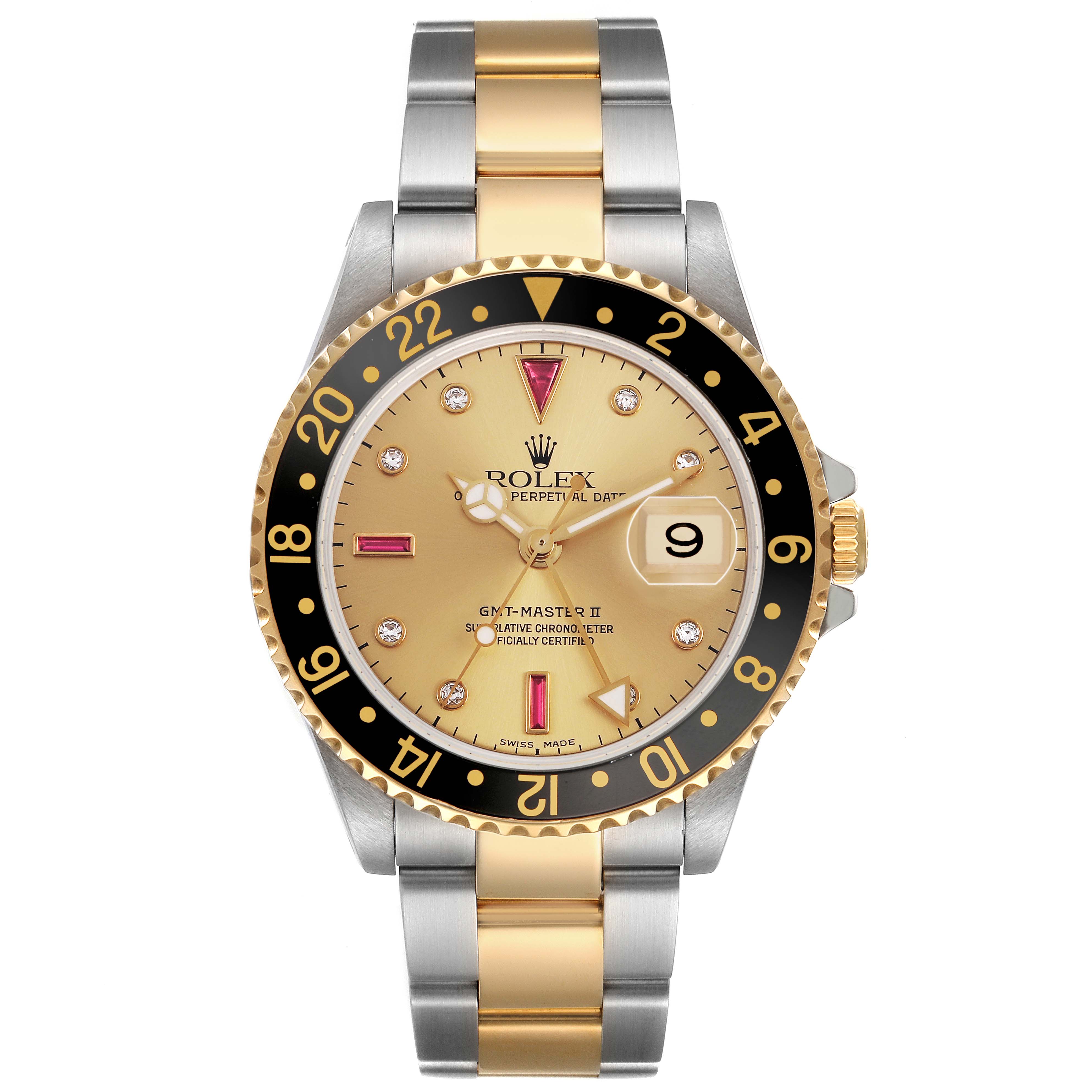The Rolex GMT-Master 16713 Men's Stainless Steel Champagne Dial watch is shown from the front, highlighting its dial, bezel, and two-tone bracelet.