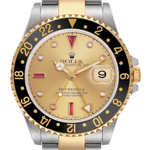 The Rolex GMT-Master 16713 Men's Stainless Steel Champagne Dial watch is shown from a front angle, highlighting the bezel, dial, and crown.