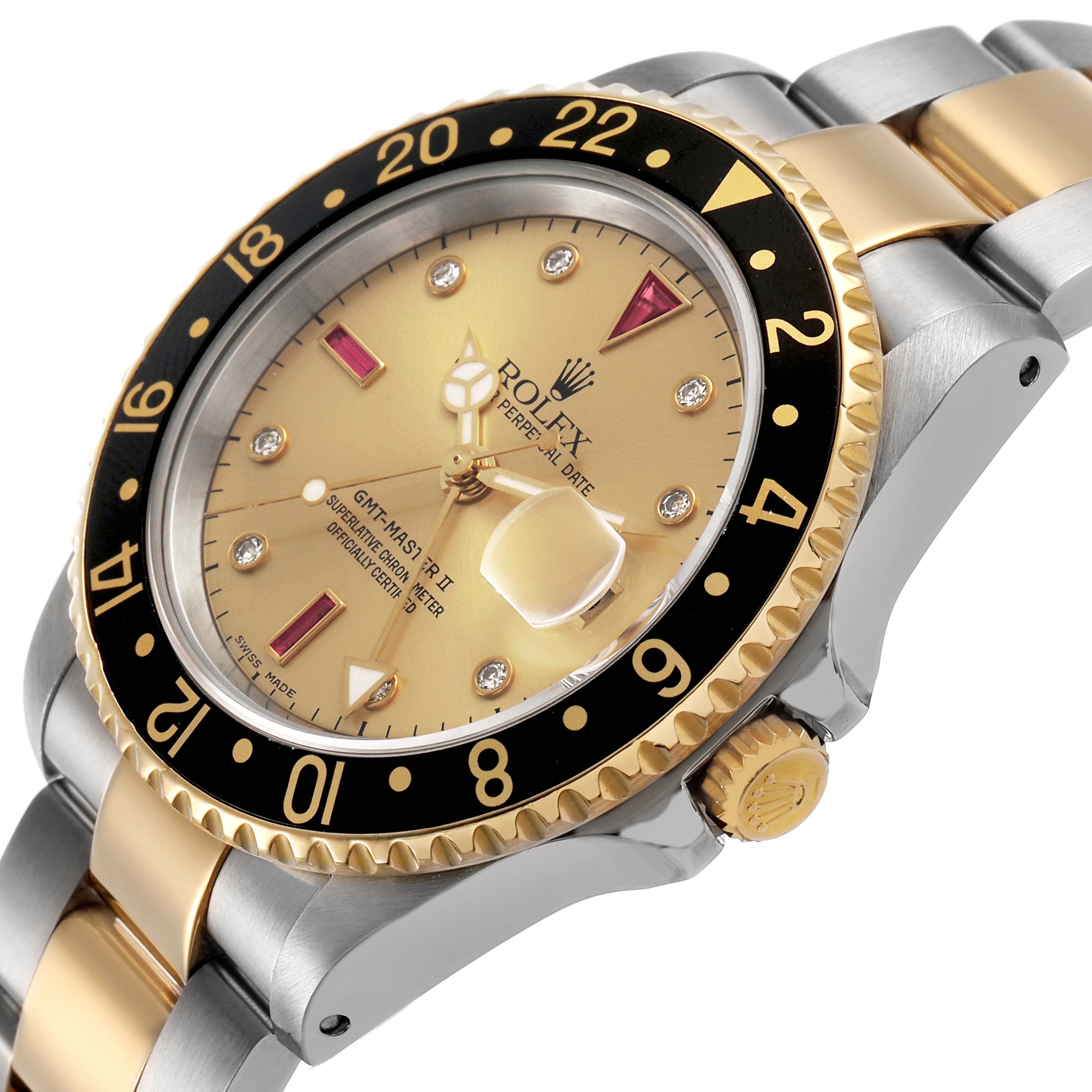 The Rolex GMT-Master 16713 Men's Stainless Steel Champagne Dial watch is shown at an oblique angle, displaying the face, bezel, crown, and part of the bracelet.