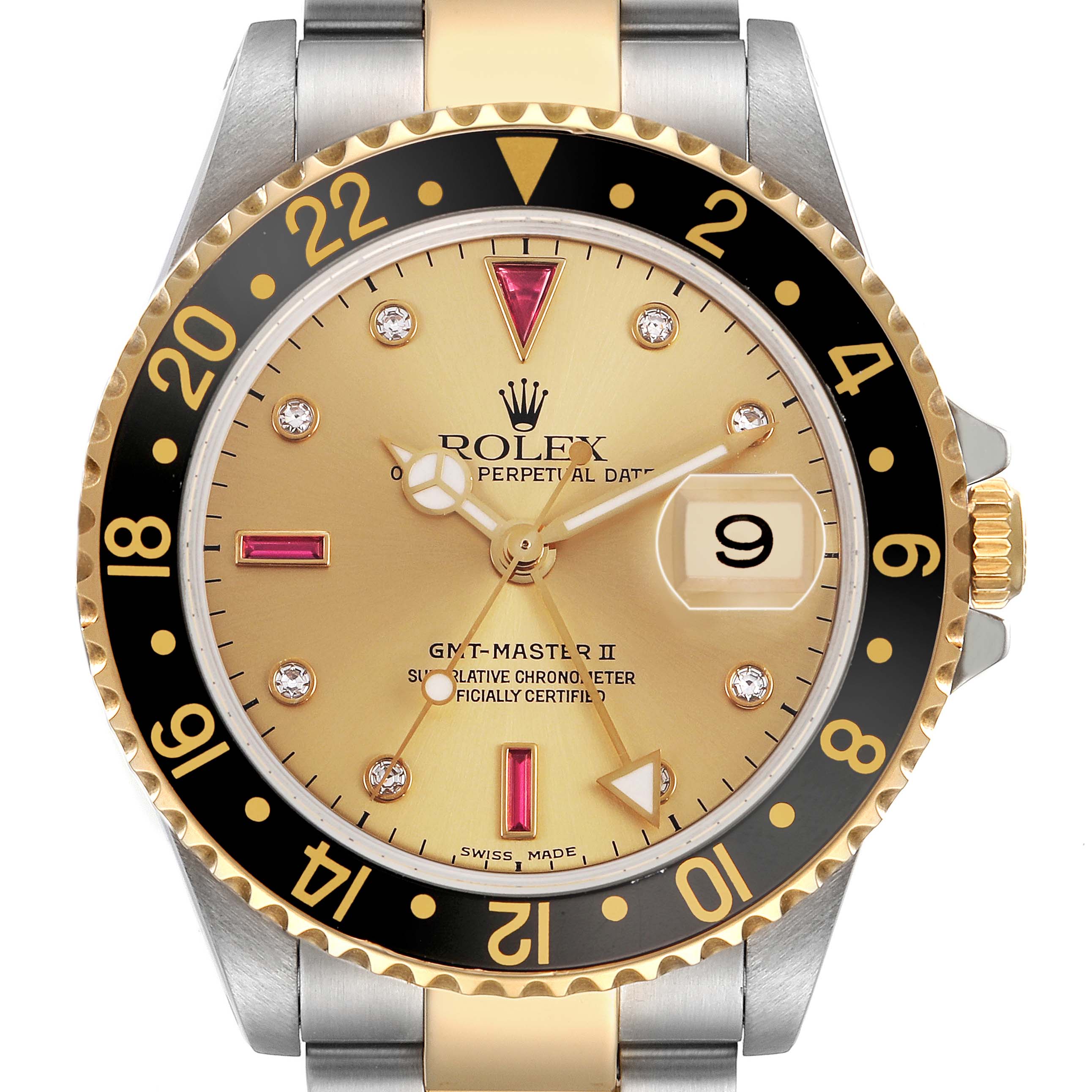 The Rolex GMT-Master 16713 Men's Stainless Steel Champagne Dial watch is shown from the front, highlighting its bezel, dial, and part of the bracelet.