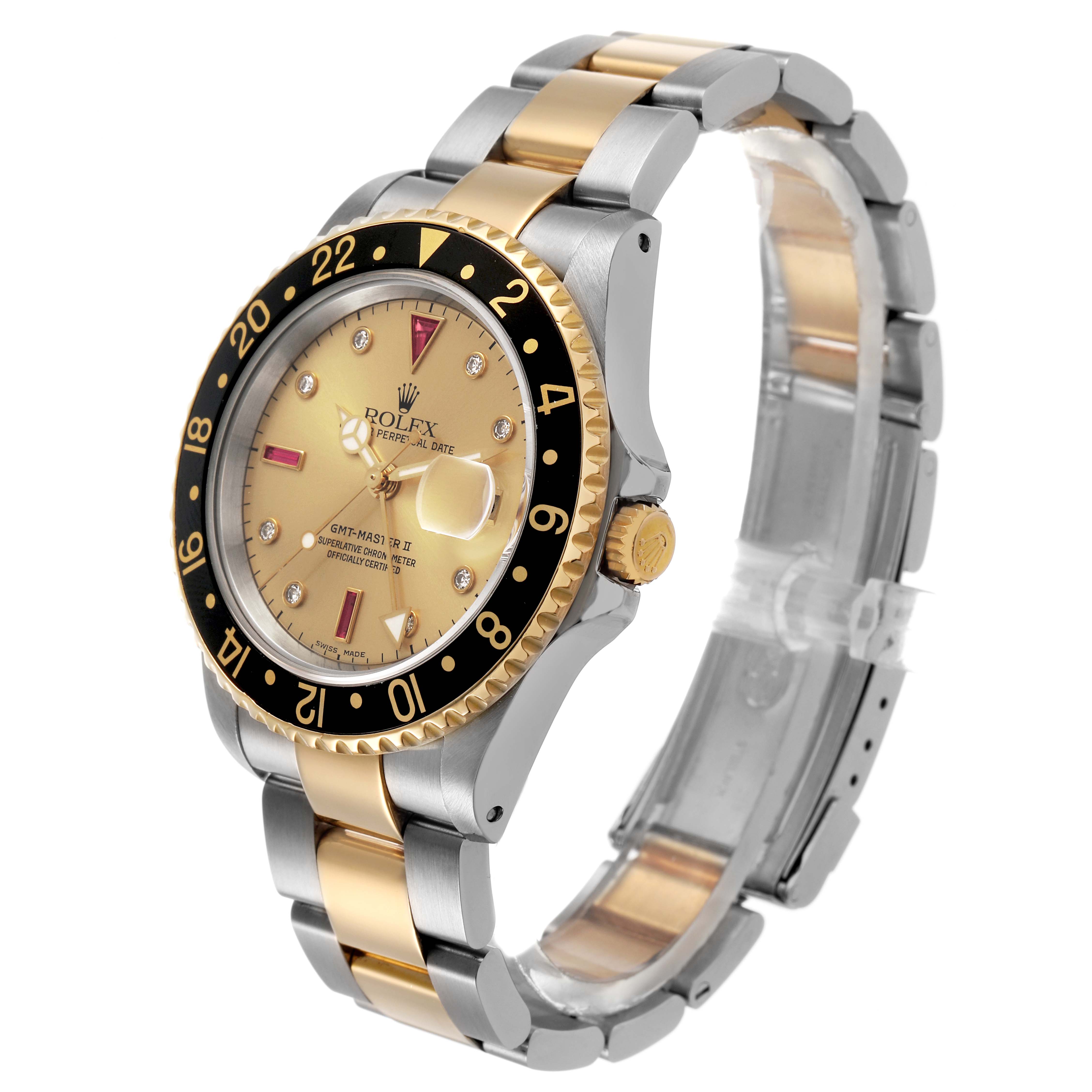 The Rolex GMT-Master 16713 Men's Stainless Steel Champagne Dial watch is shown at a three-quarter angle, revealing the face, bezel, crown, and two-tone bracelet.