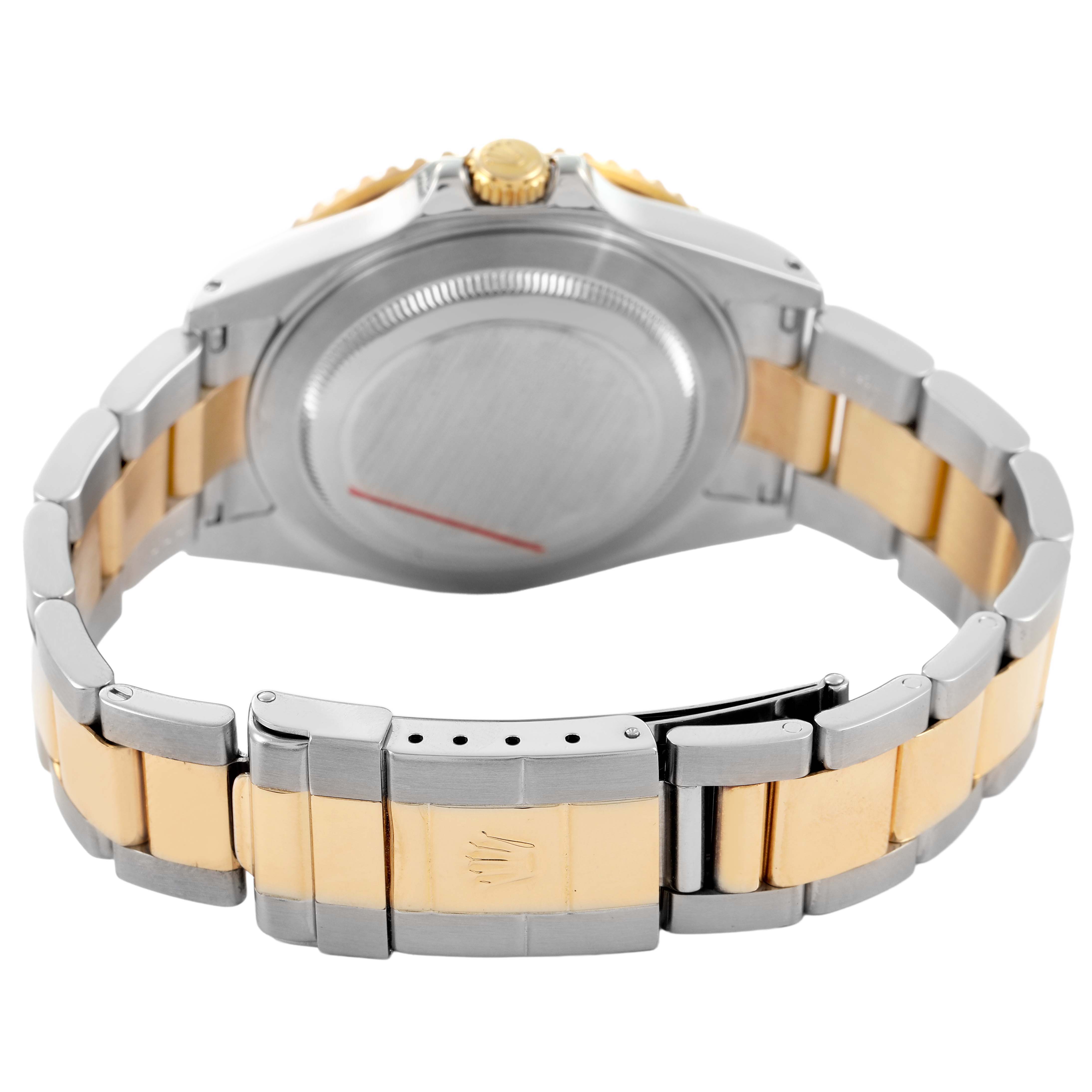 The image shows the back case and two-tone bracelet of the Rolex GMT-Master 16713 Men's Stainless Steel Champagne Dial watch.