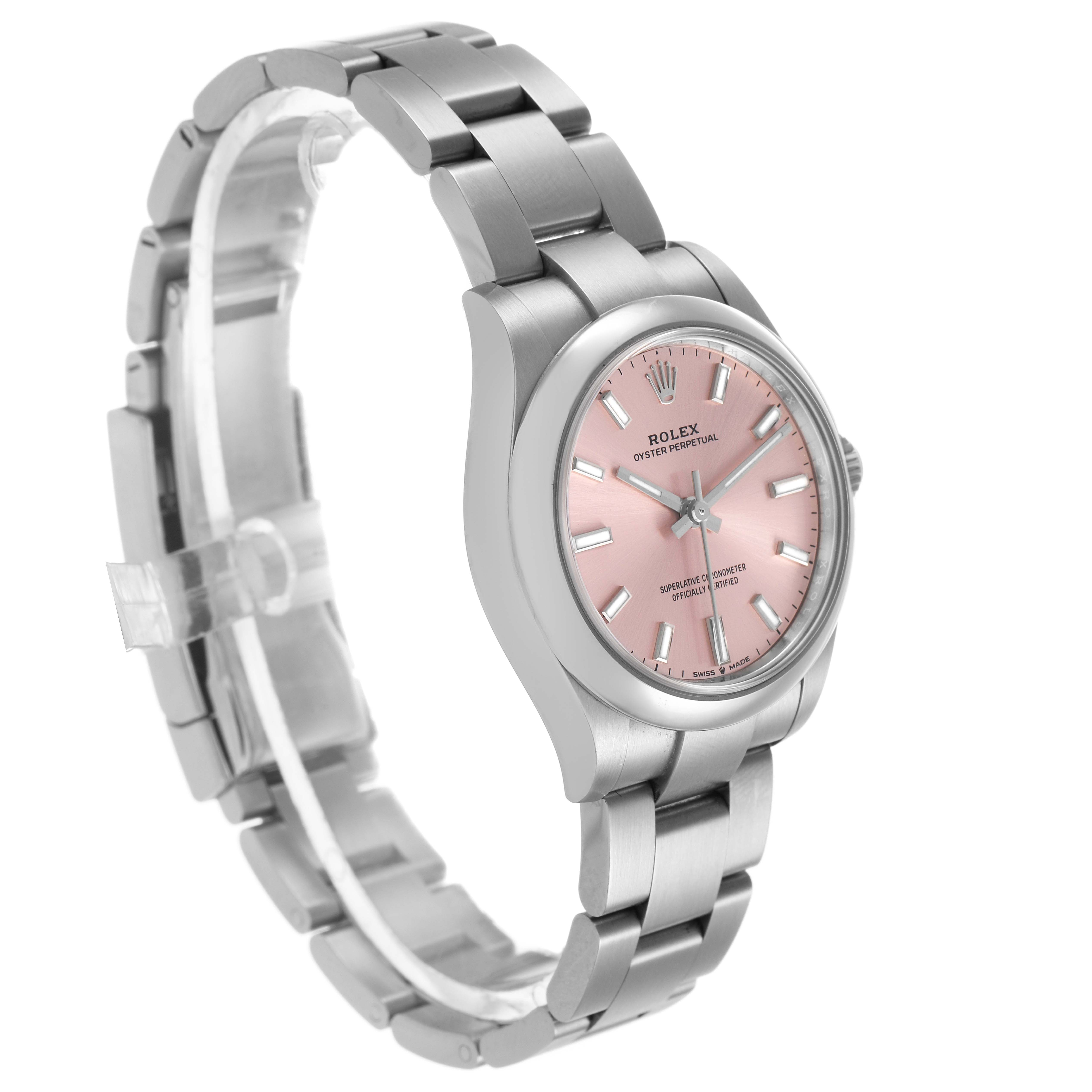 The Rolex Mid-Size 277200 Women's Stainless Steel Pink Dial model is shown from a three-quarter angle, highlighting the bracelet, case, and pink dial.
