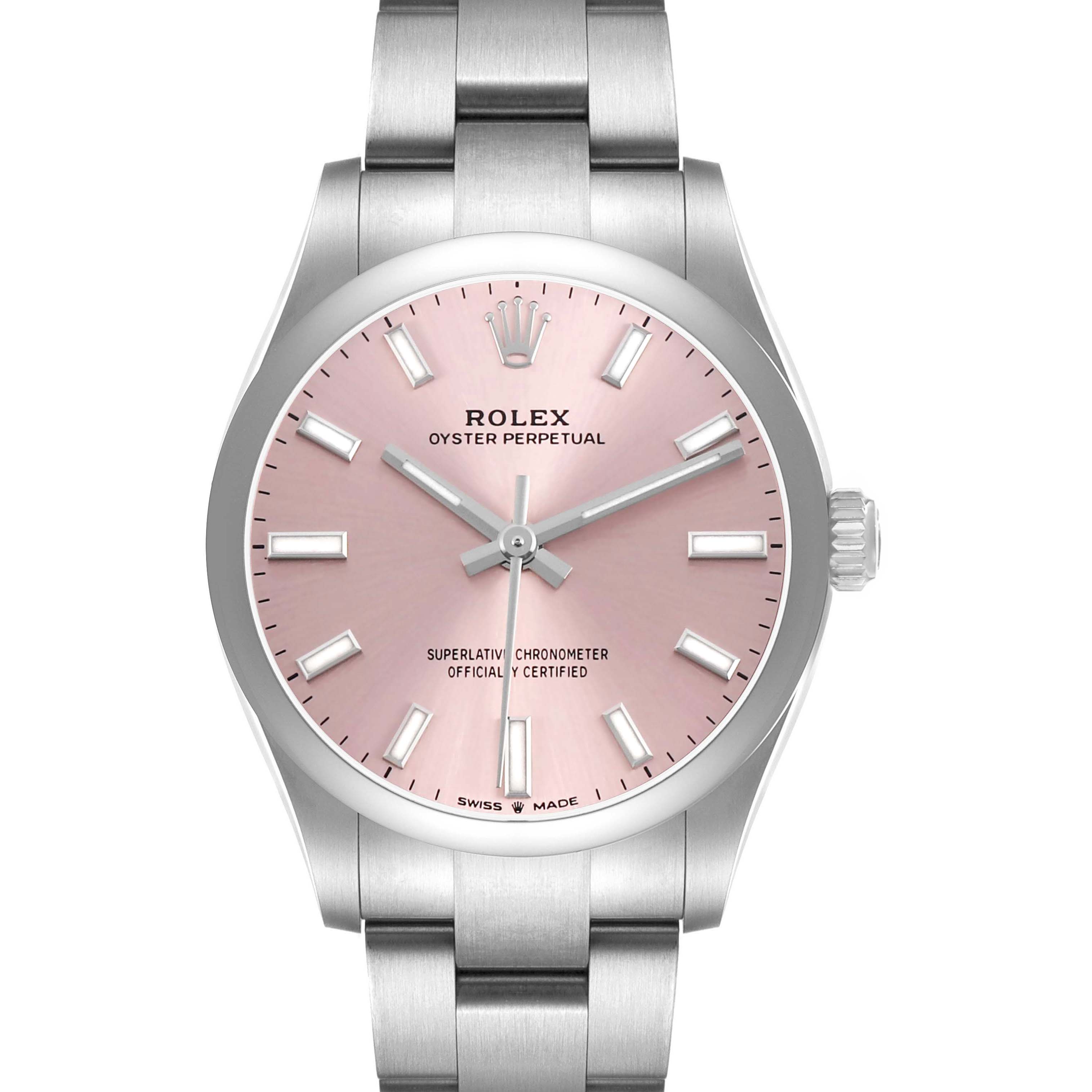 The Rolex Mid-Size 277200 Women's Stainless Steel Pink Dial model is shown from the front, featuring the pink dial, crown, and a portion of the bracelet.