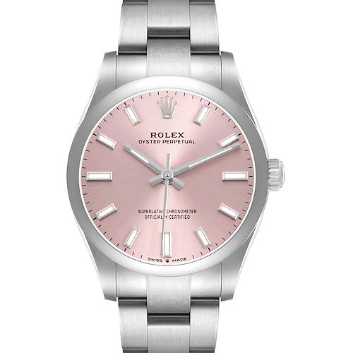 The Rolex Mid-Size 277200 Women's Stainless Steel Pink Dial watch is shown from the front, displaying the pink dial, hands, markers, crown, and part of the bracelet.