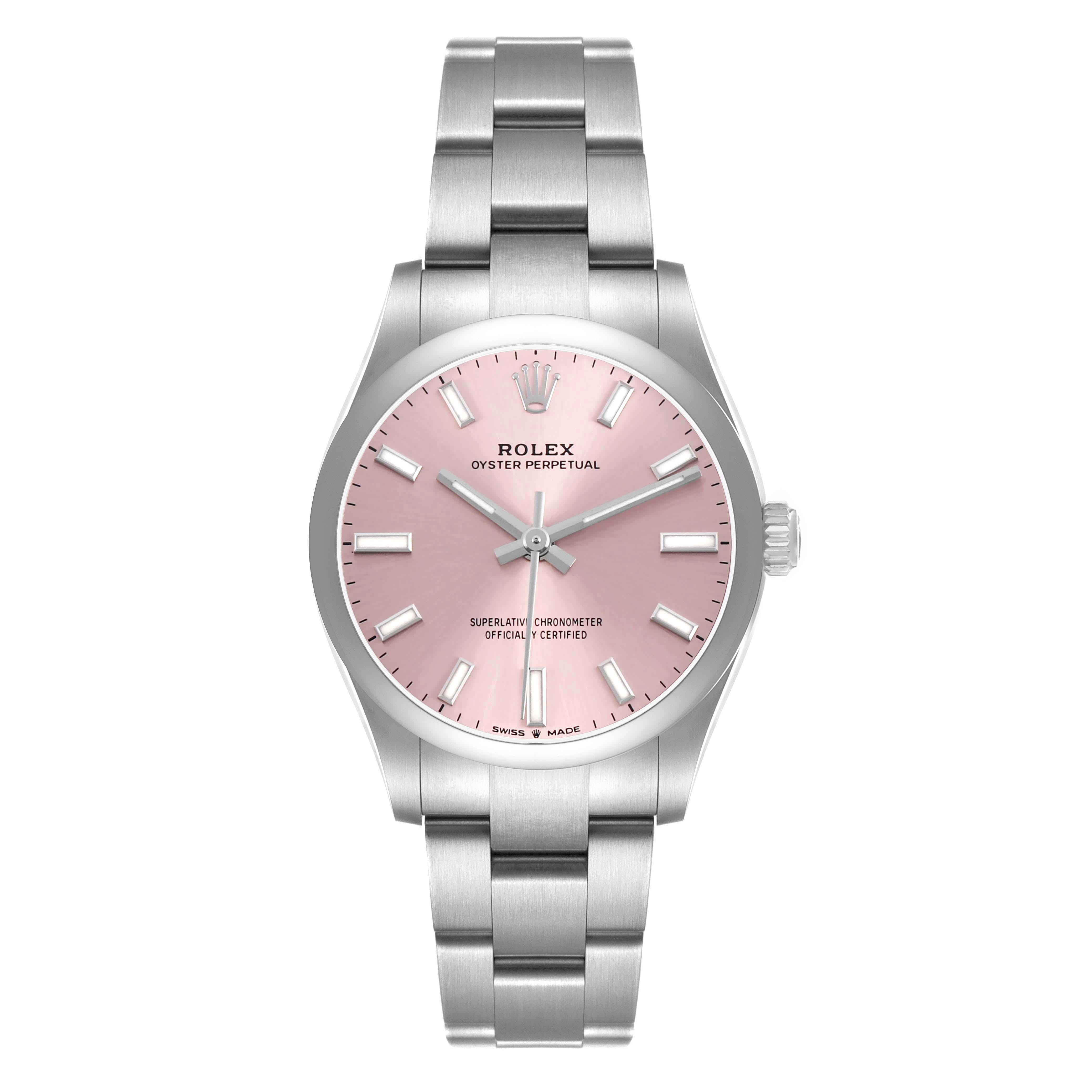 The Rolex Mid-Size 277200 Women's Stainless Steel Pink Dial watch is shown from a front angle, displaying its pink dial, silver hands, and stainless steel bracelet.