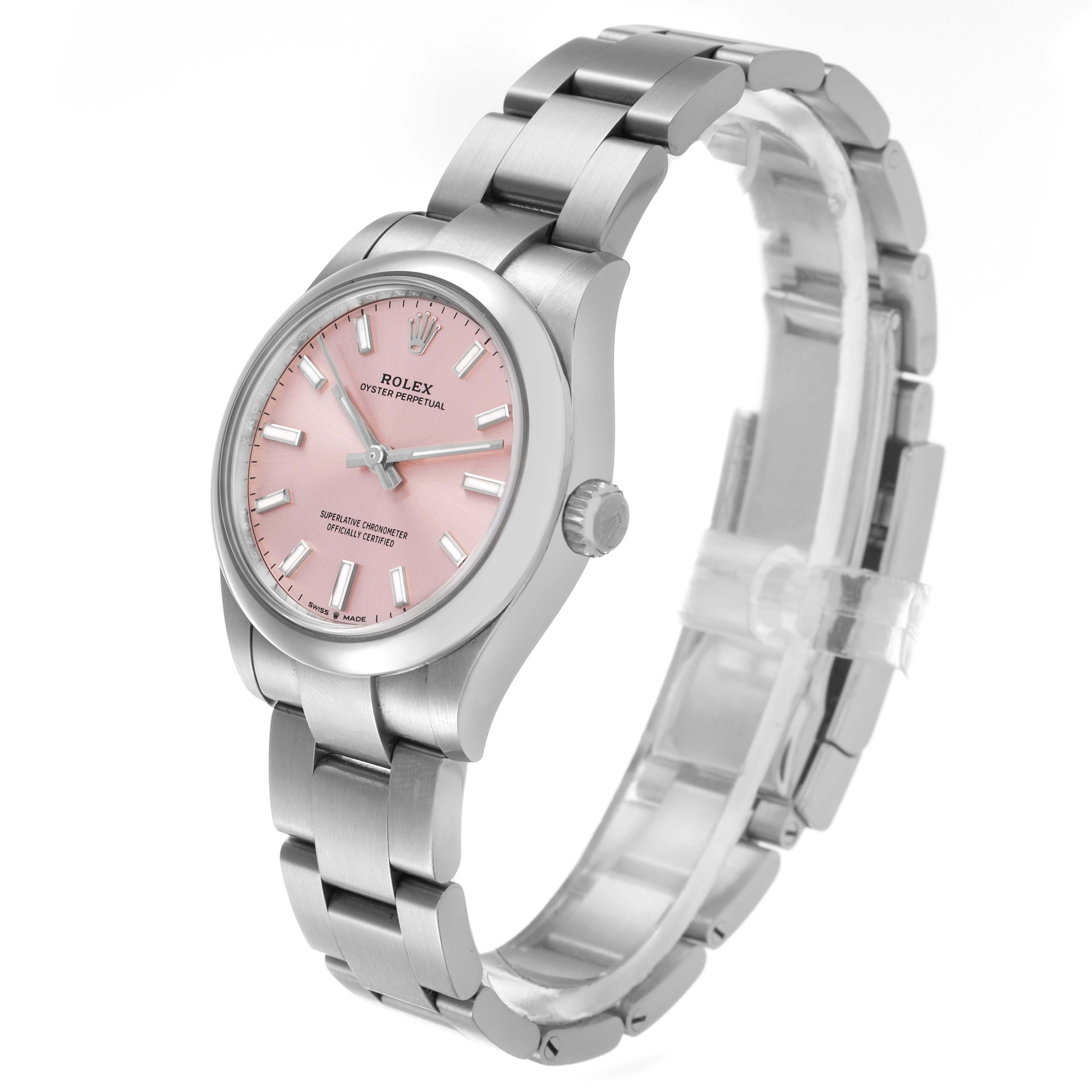 The Rolex Mid-Size 277200 Women's Stainless Steel Pink Dial model is shown at a slight side angle, highlighting its pink dial and metal bracelet.