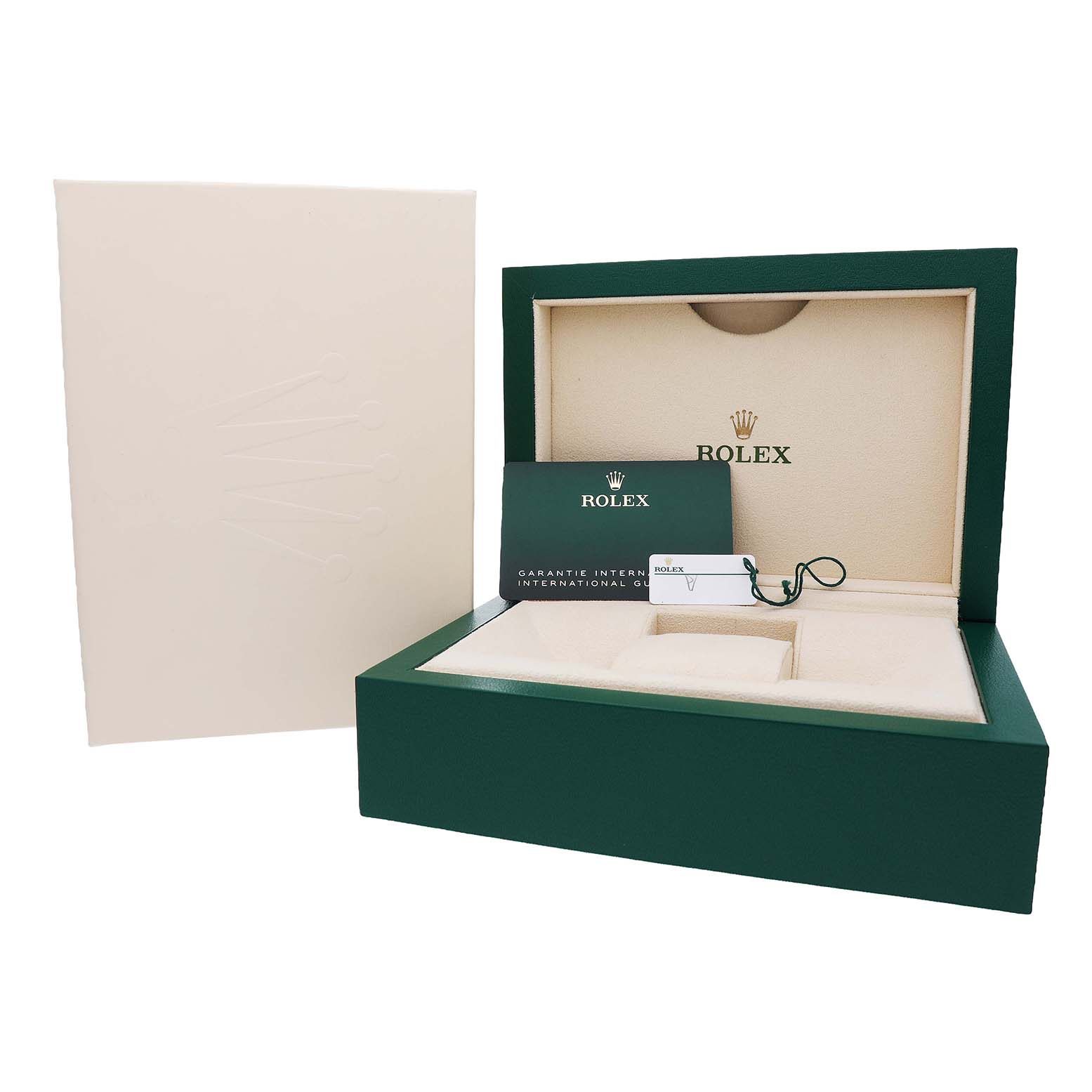 The image shows a Rolex Mid-Size 277200 Women's Stainless Steel Pink Dial model box, open with warranty card and accessories displayed.