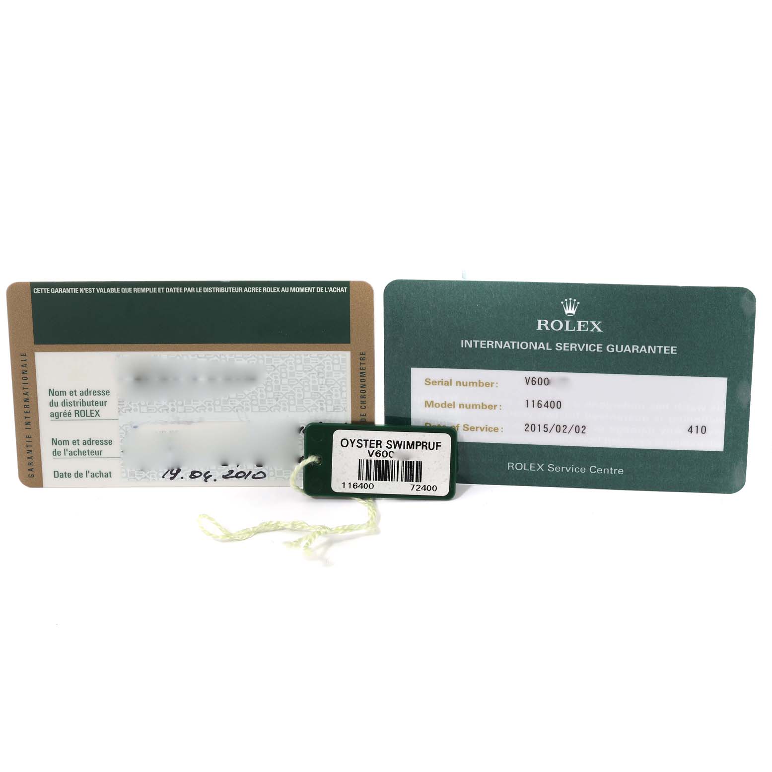 The image shows warranty cards and a tag for a Rolex Milgauss 116400 Men's Stainless Steel White Dial 116400 Men's Stainless Steel White Dial model, displaying model number, serial number, and purchase details.