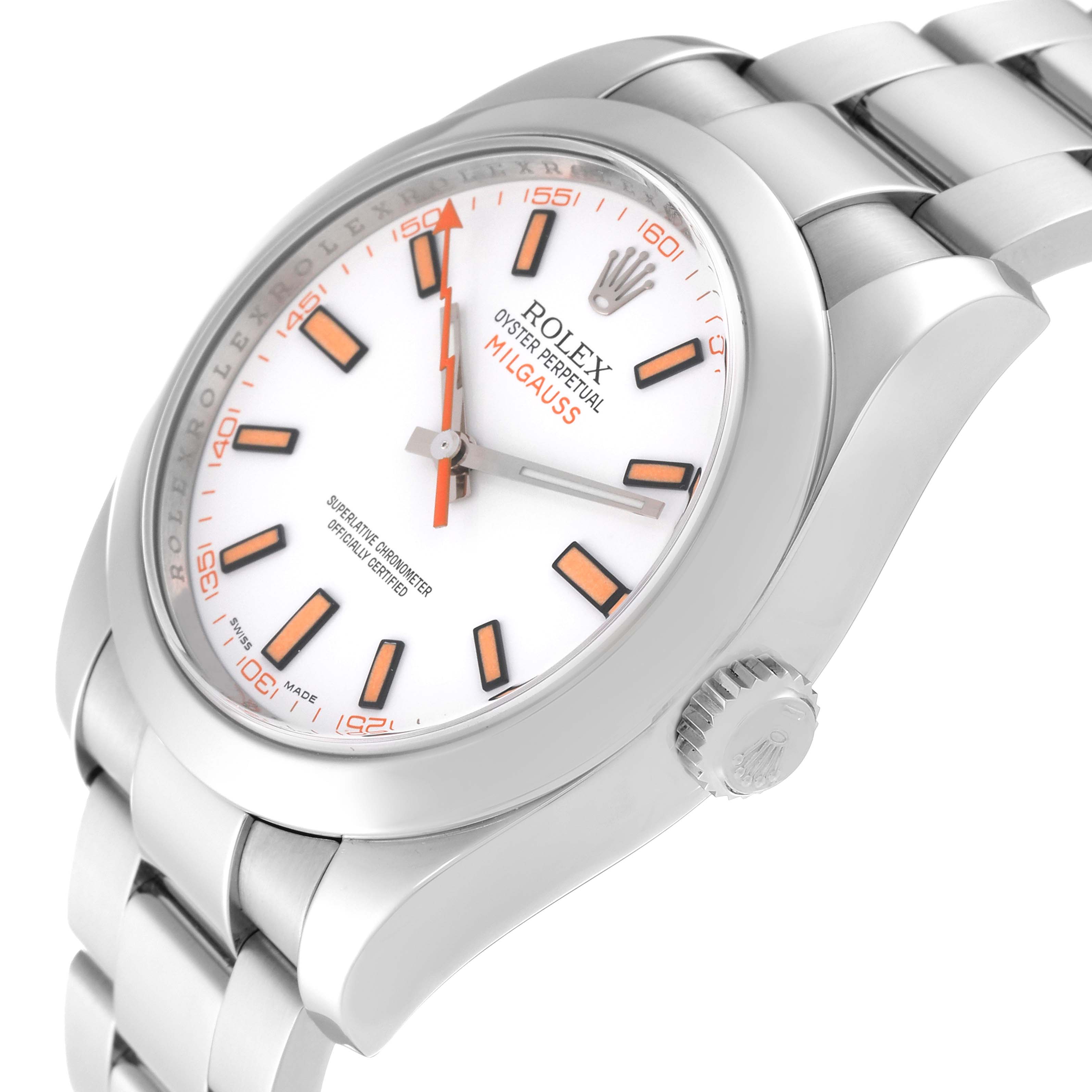 The image shows a side angle of a Rolex Milgauss 116400 Men's Stainless Steel White Dial 116400 Men's Stainless Steel White Dial watch, highlighting its dial, crown, and part of the bracelet.