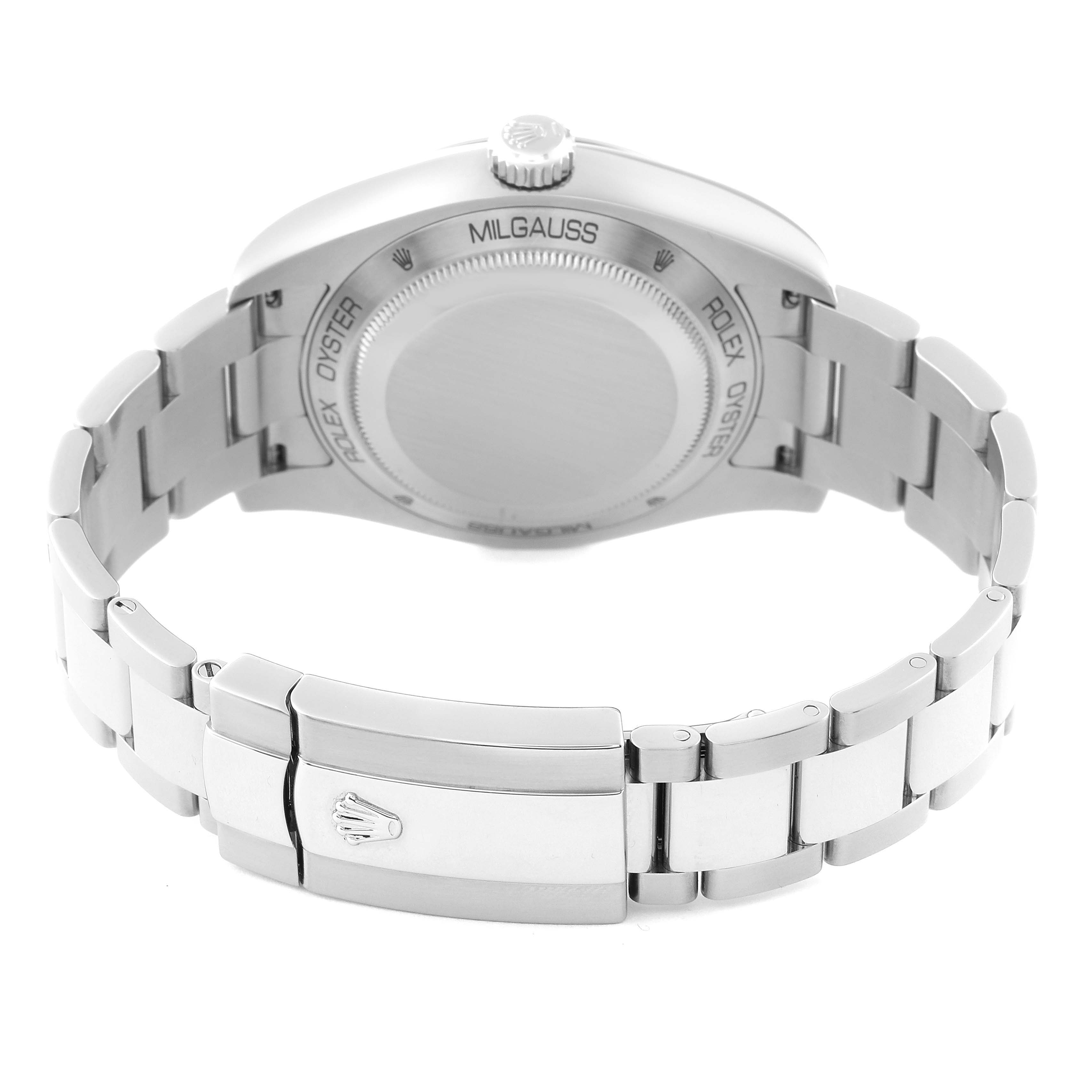 This image shows the back view of a Rolex Milgauss 116400 Men's Stainless Steel White Dial 116400 Men's Stainless Steel White Dial watch, focusing on the bracelet, clasp, and case back.