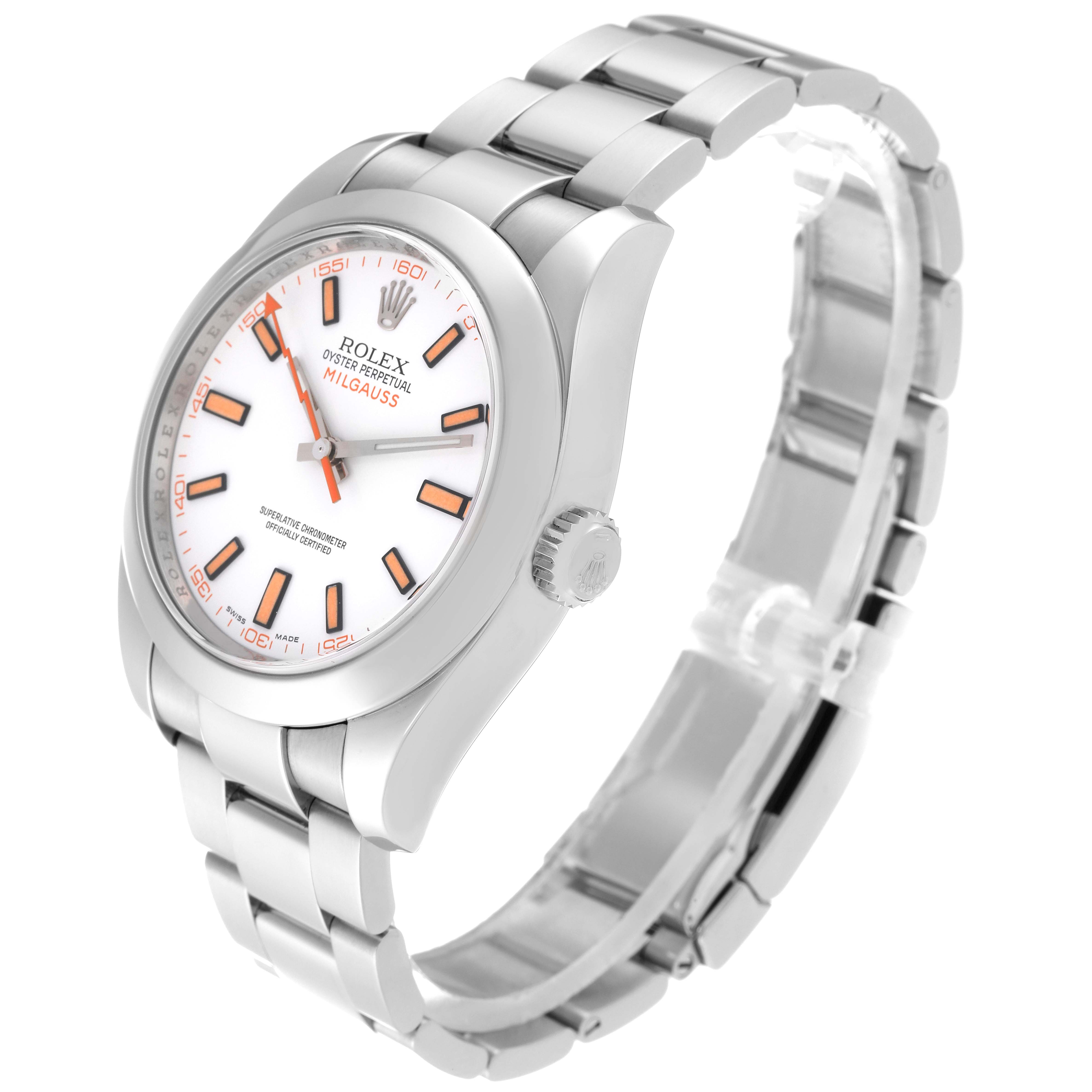 This image shows a Rolex Milgauss 116400 Men's Stainless Steel White Dial 116400 Men's Stainless Steel White Dial watch from an angled front perspective, highlighting its face, bezel, and bracelet.