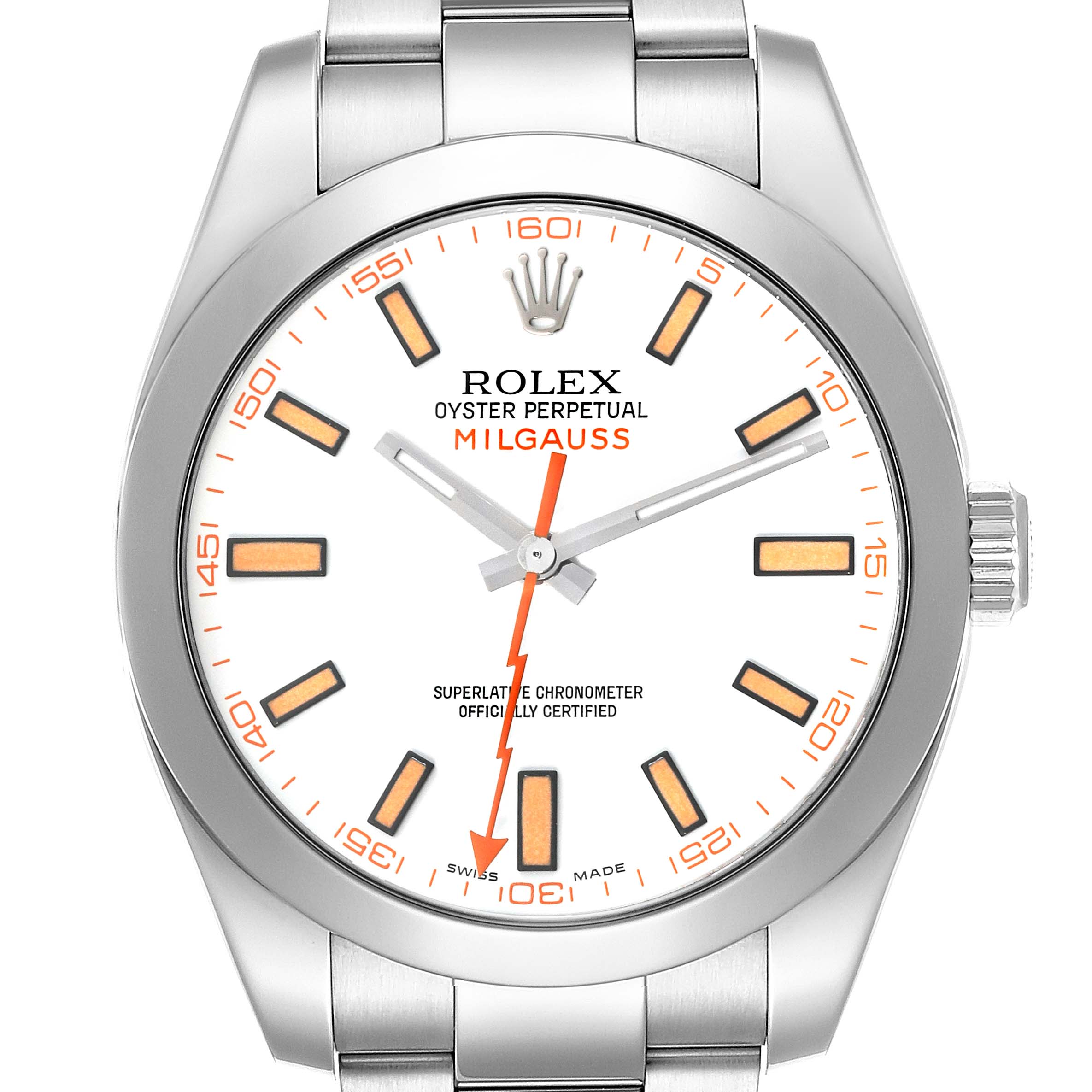 The image shows a front view of a Rolex Milgauss 116400 Men's Stainless Steel White Dial 116400 Men's Stainless Steel White Dial watch, highlighting its dial, bezel, and bracelet.