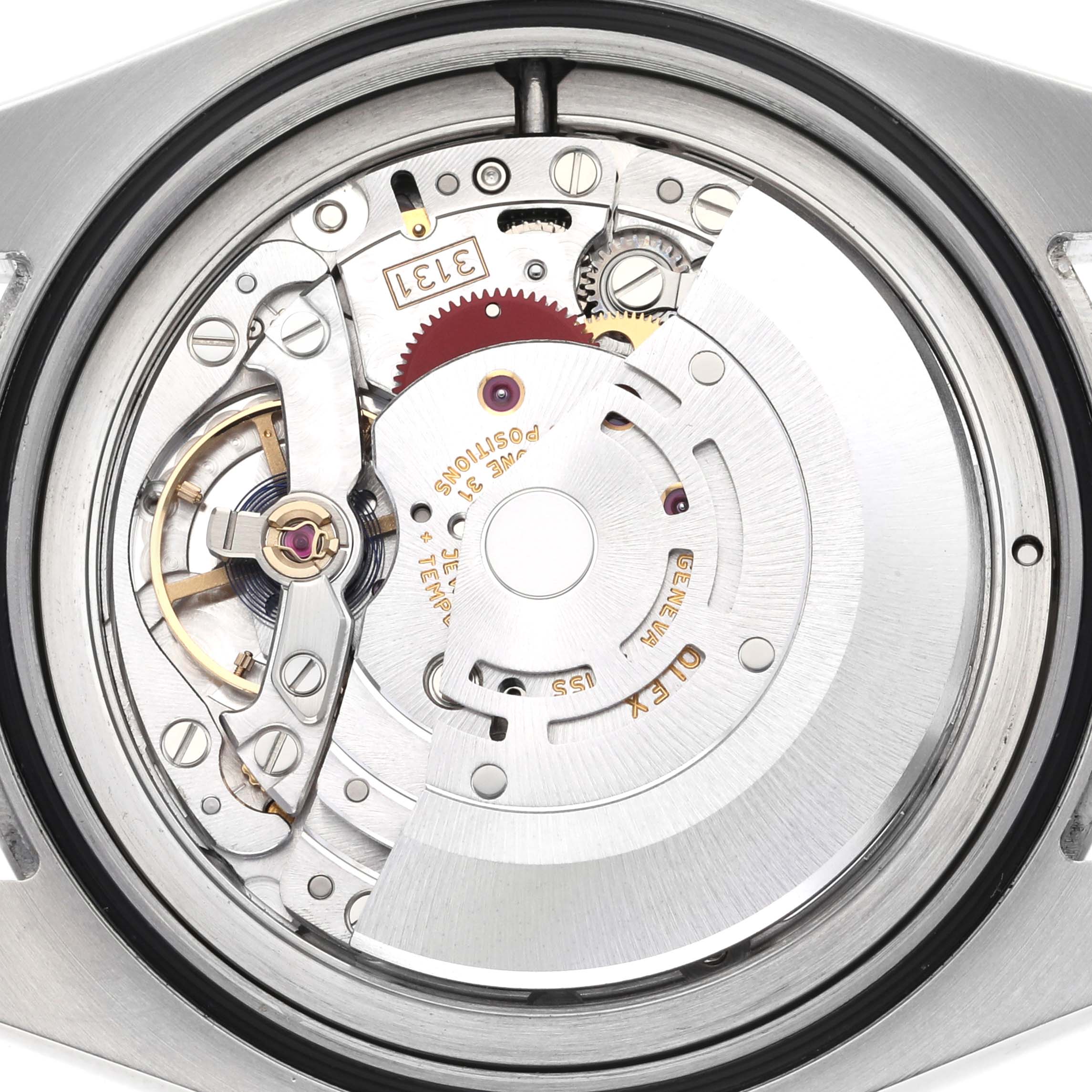 This image shows the internal movement components of a Rolex Milgauss 116400 Men's Stainless Steel White Dial 116400 Men's Stainless Steel White Dial watch, viewed from the back with the case removed.
