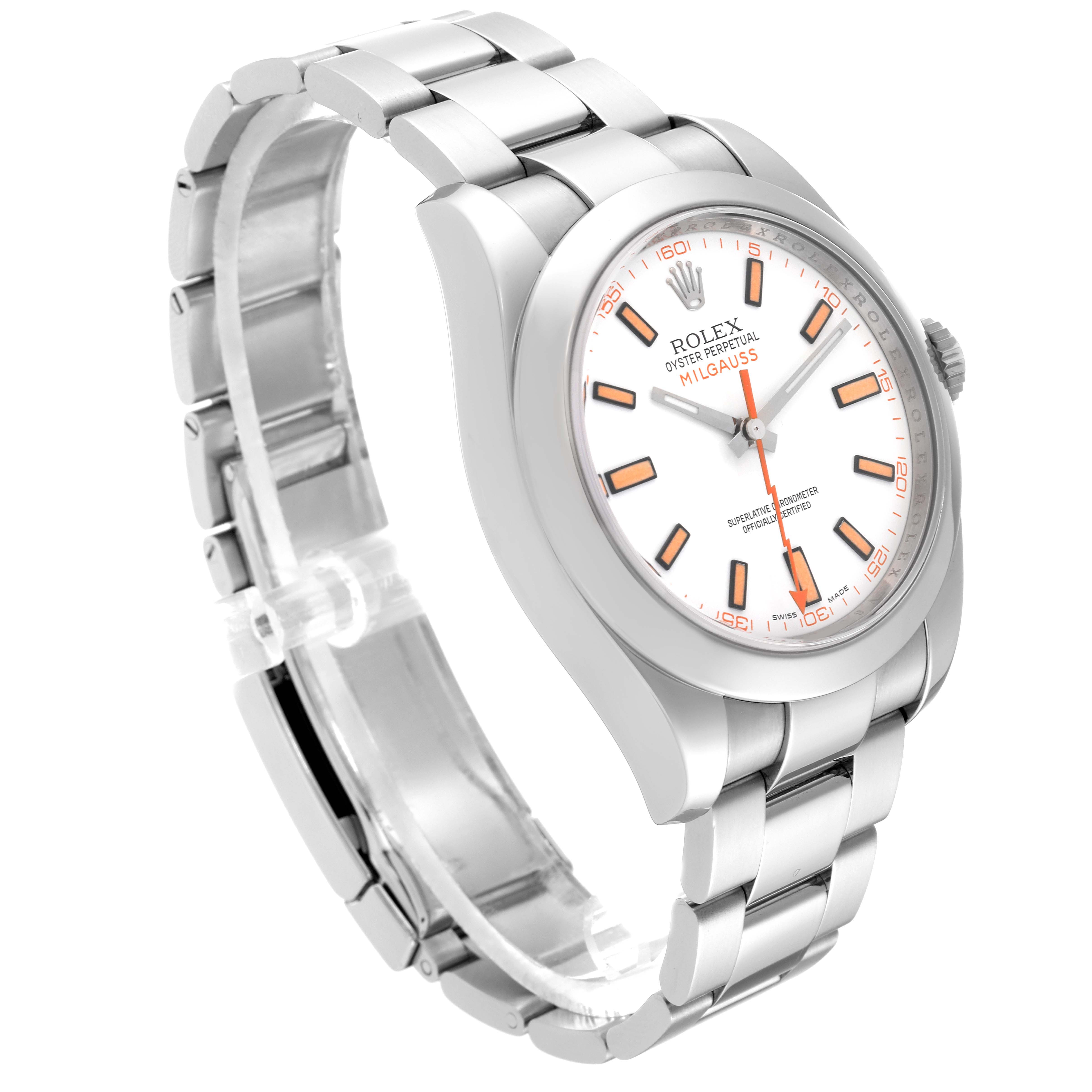The image shows a Rolex Milgauss 116400 Men's Stainless Steel White Dial 116400 Men's Stainless Steel White Dial watch from an angled side view, highlighting the dial, bracelet, and clasp.