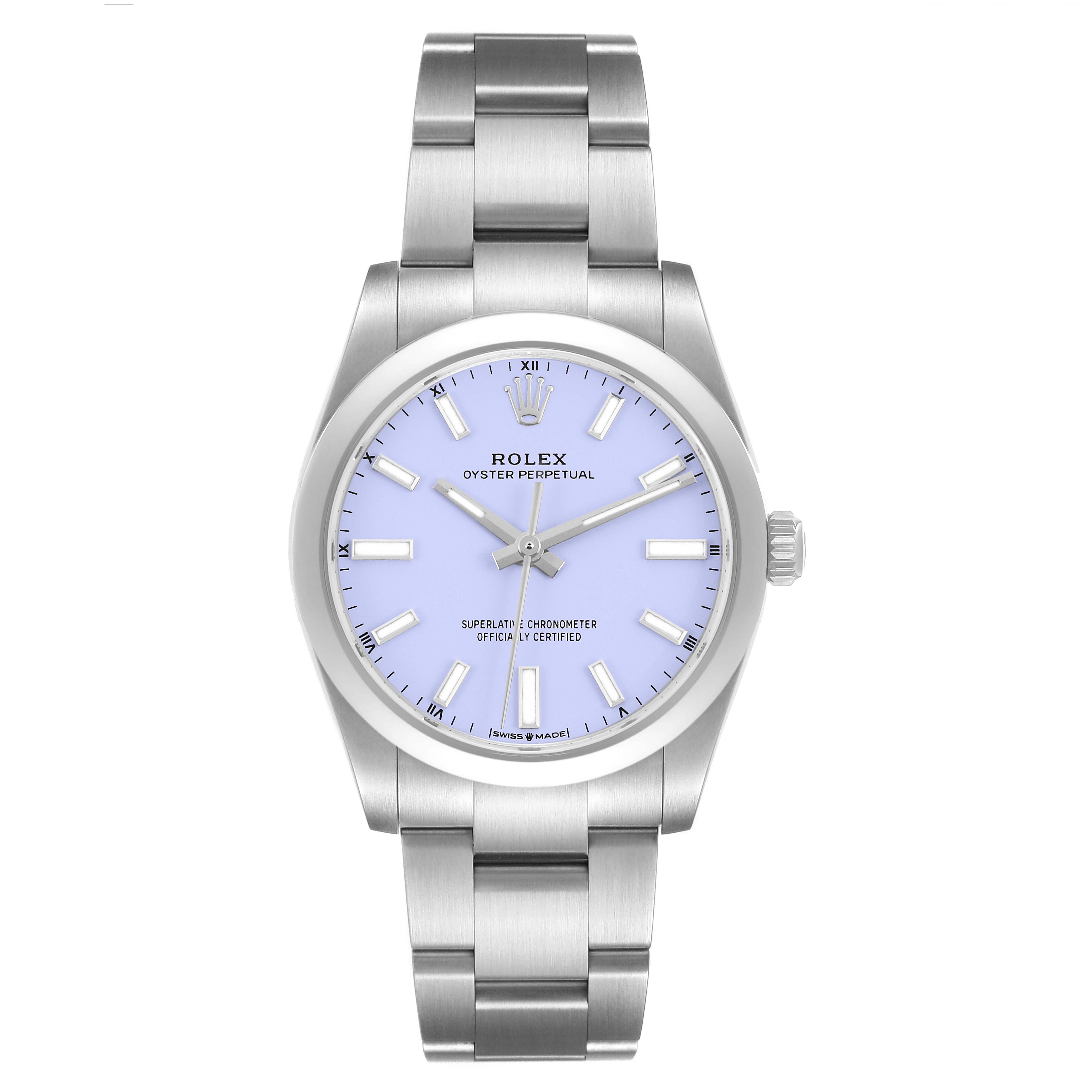 The Rolex Oyster Perpetual M124200-0003 Men's Stainless Steel Purple Dial watch is shown from the front, highlighting the face, bezel, bracelet, and crown.