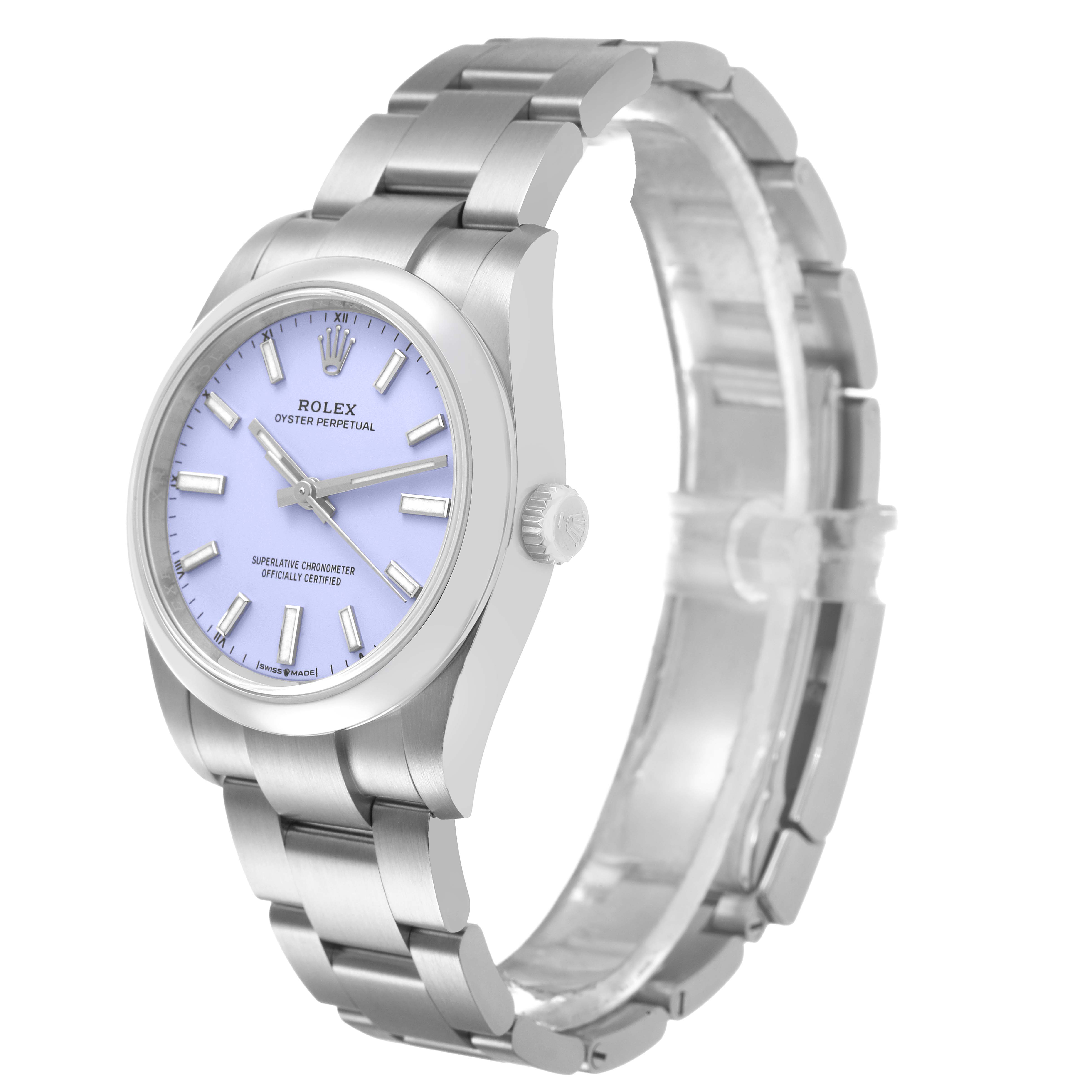The Rolex Oyster Perpetual M124200-0003 Men's Stainless Steel Purple Dial watch is shown at a three-quarter angle, highlighting the dial, case, and bracelet.