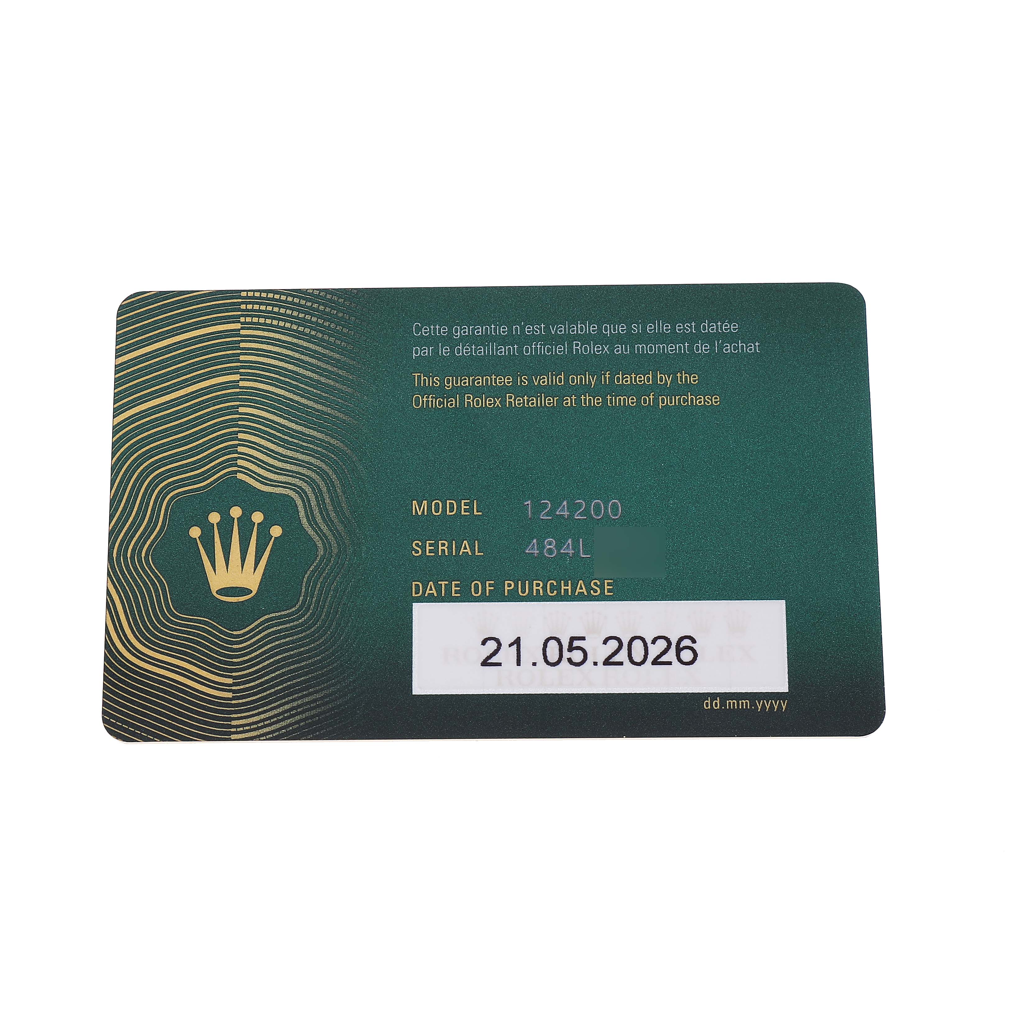 The image shows a warranty card for the Rolex Oyster Perpetual M124200-0003 Men's Stainless Steel Purple Dial model, displaying the model number and purchase date.
