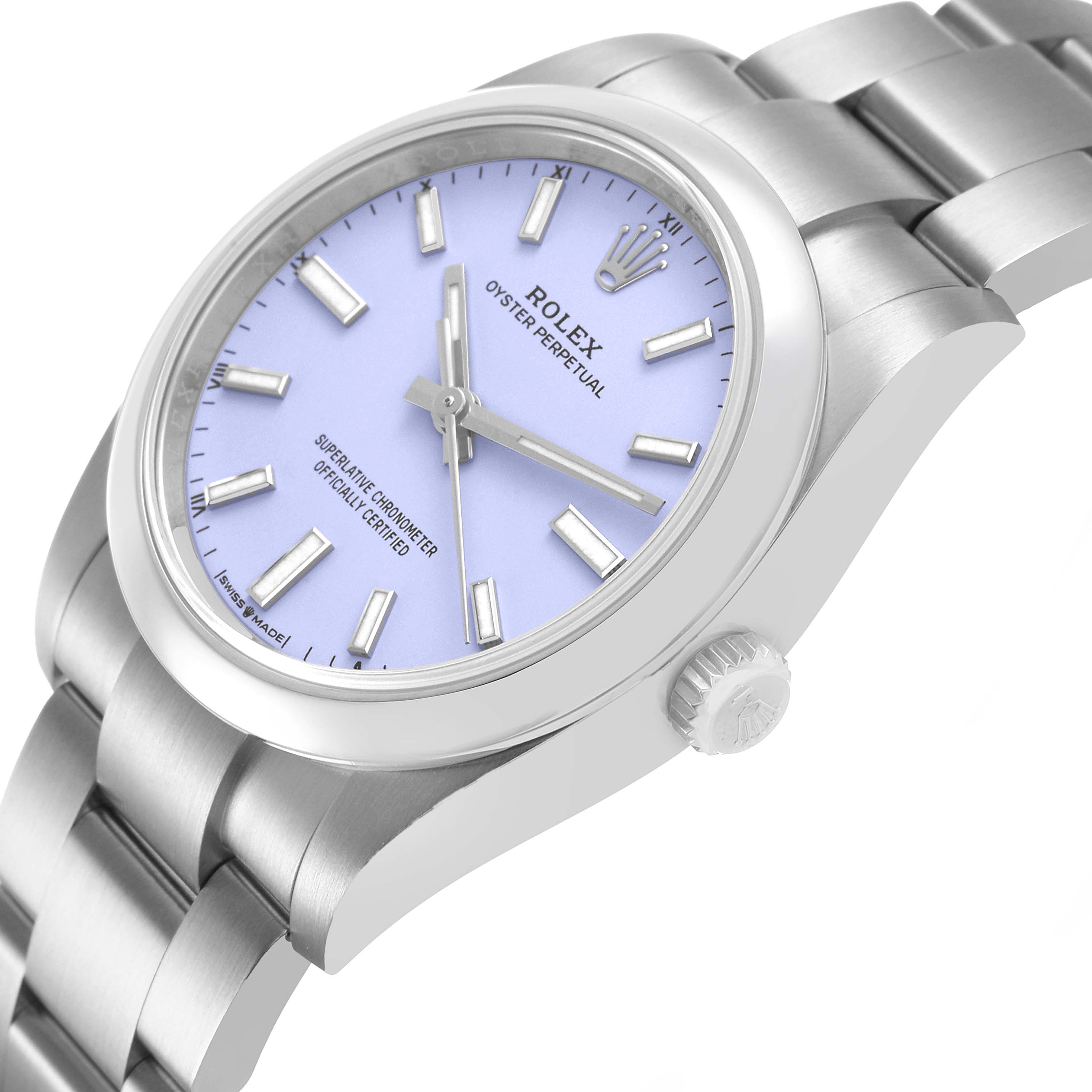 The image shows a Rolex Oyster Perpetual M124200-0003 Men's Stainless Steel Purple Dial watch at an angle highlighting the dial, bezel, crown, and part of the bracelet.