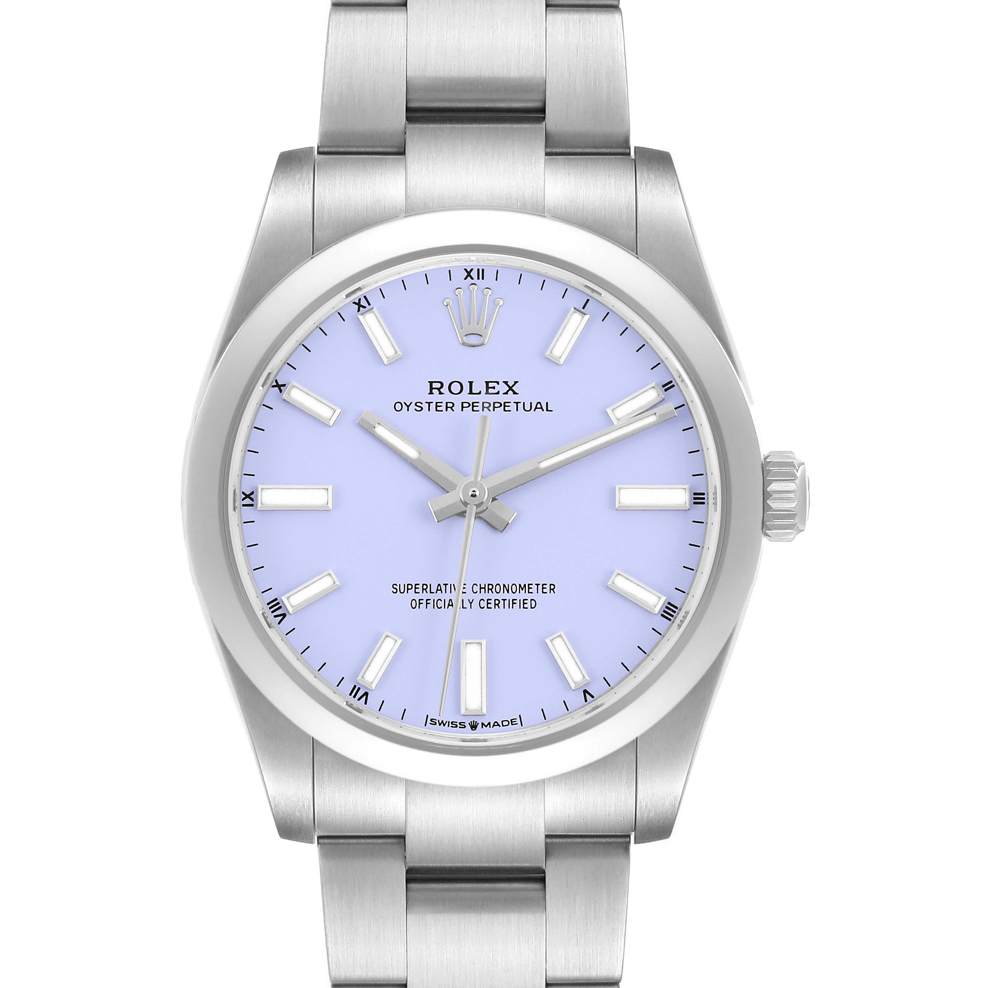The Rolex Oyster Perpetual M124200-0003 Men's Stainless Steel Purple Dial watch is shown from a front angle, highlighting the dial, bezel, and bracelet.